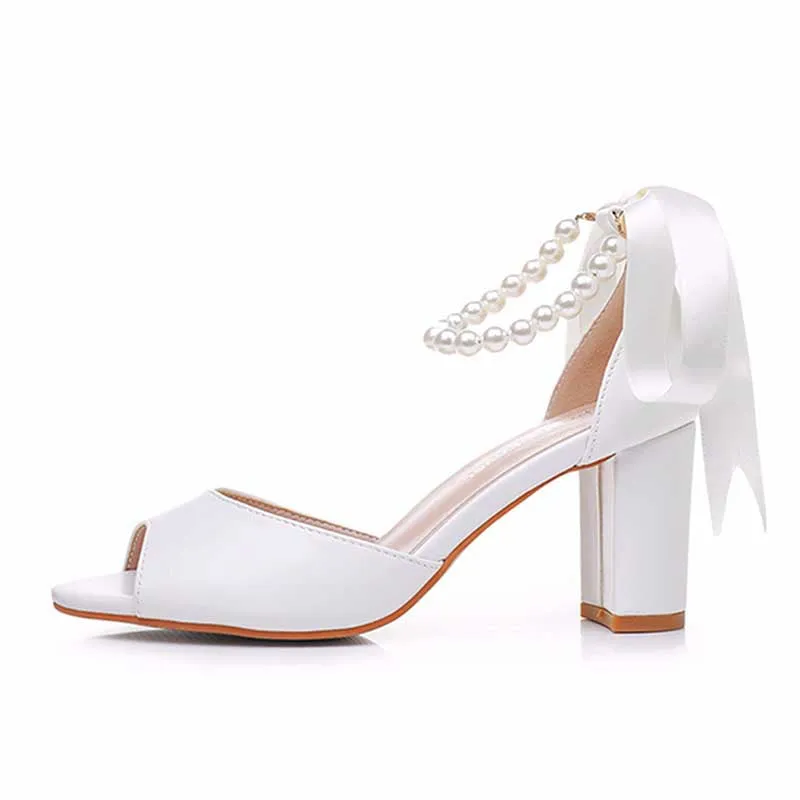 2.95" Chunky Lace Up Wedding Sandals Vintage Peep Toe Bridal Shoes