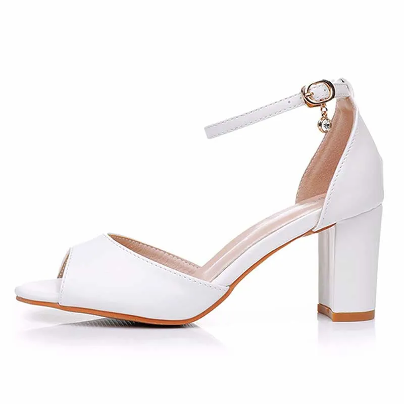 2.95" Chunky Wedding Sandals Vintage Peep Toe White Block Heeled Shoes