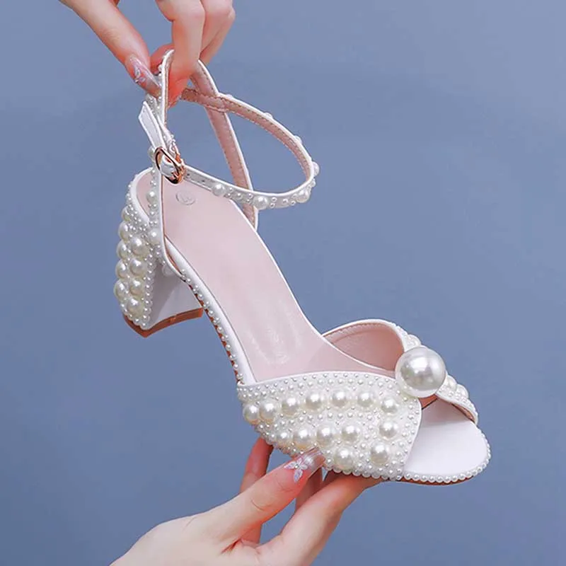 2.96" Chunky Wedding Sandals Vintage Peep Toe Block Heeled Bridal Shoes