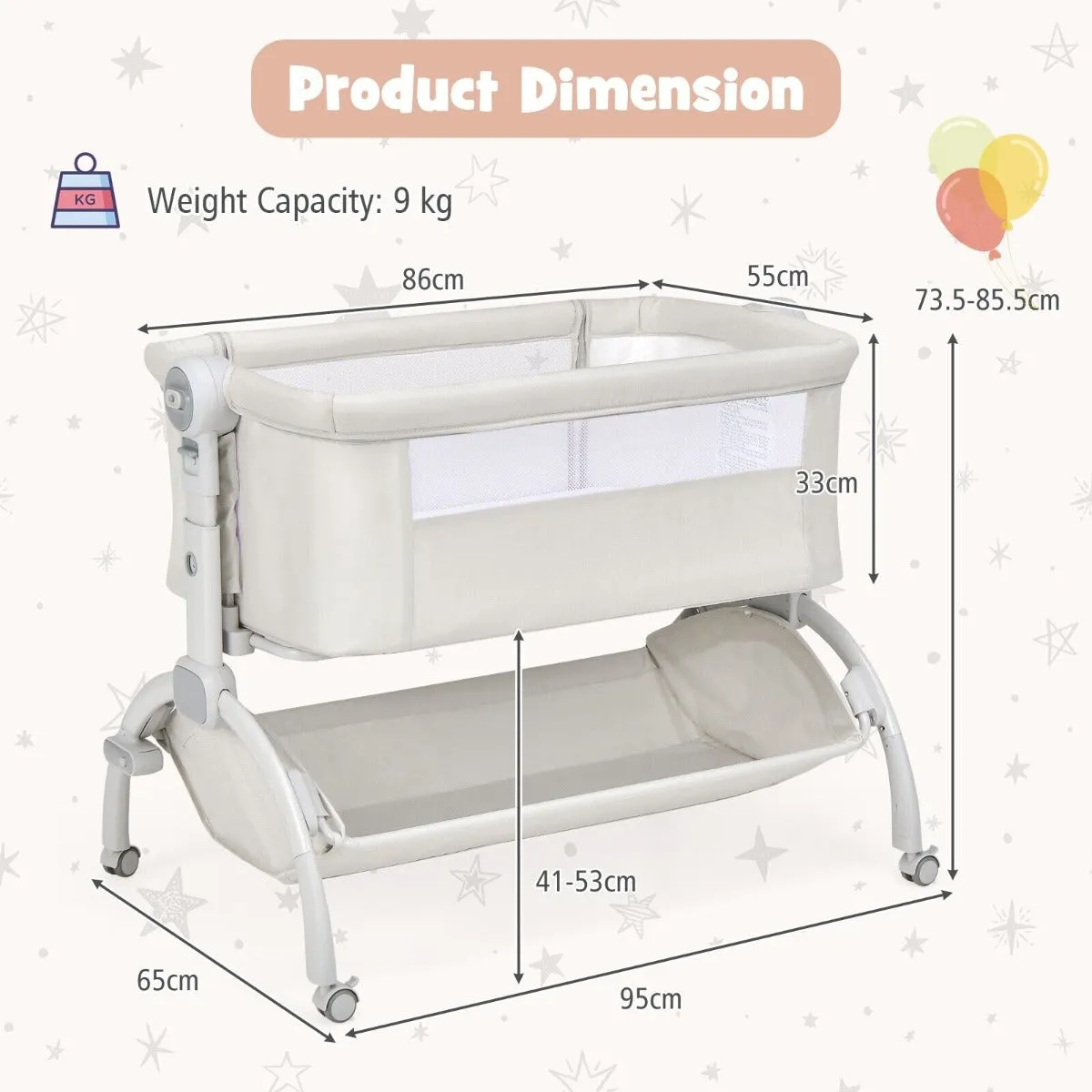 3-in-1 Portable Baby Bedside Crib Sleeper with Wheels-Beige