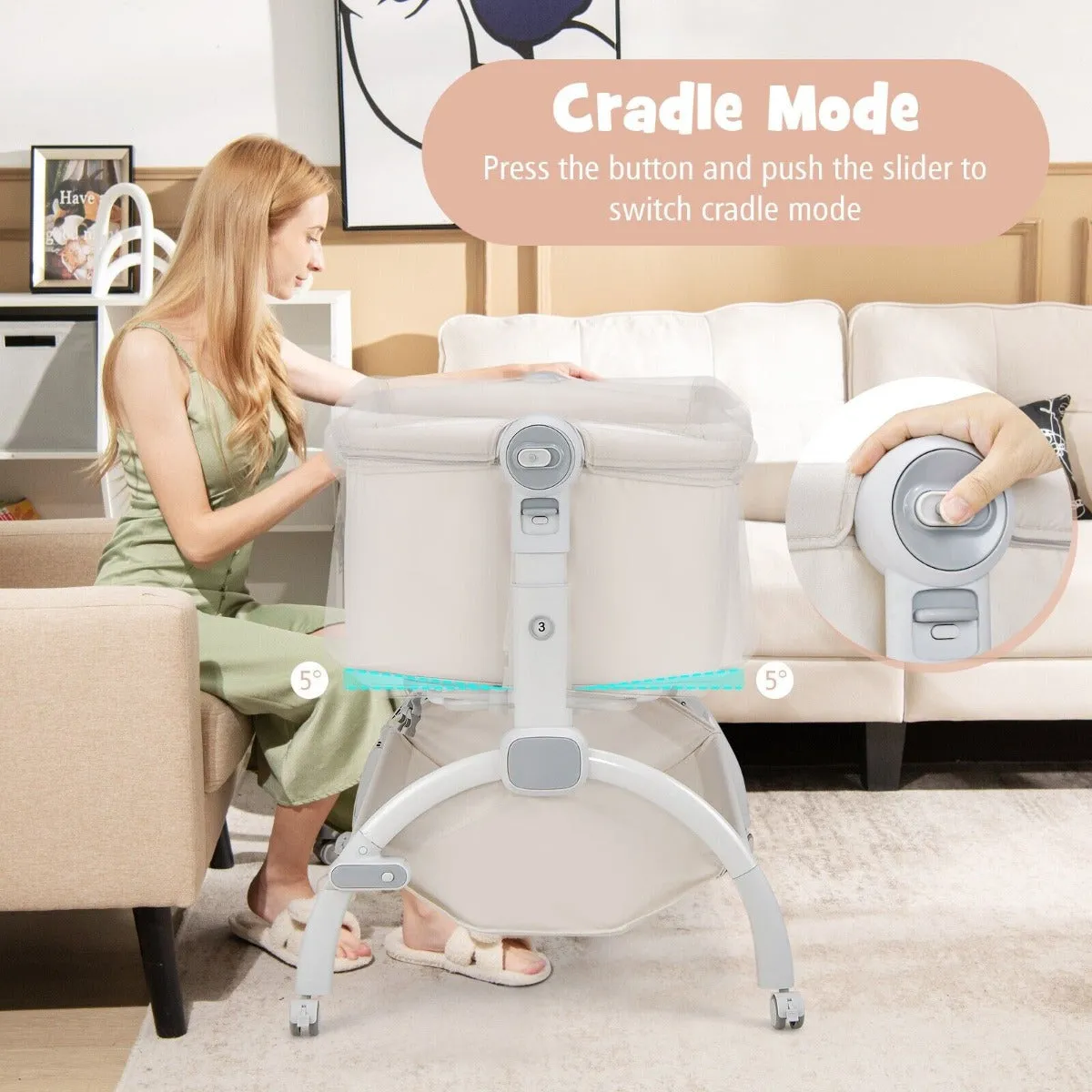 3-in-1 Portable Baby Bedside Crib Sleeper with Wheels-Beige