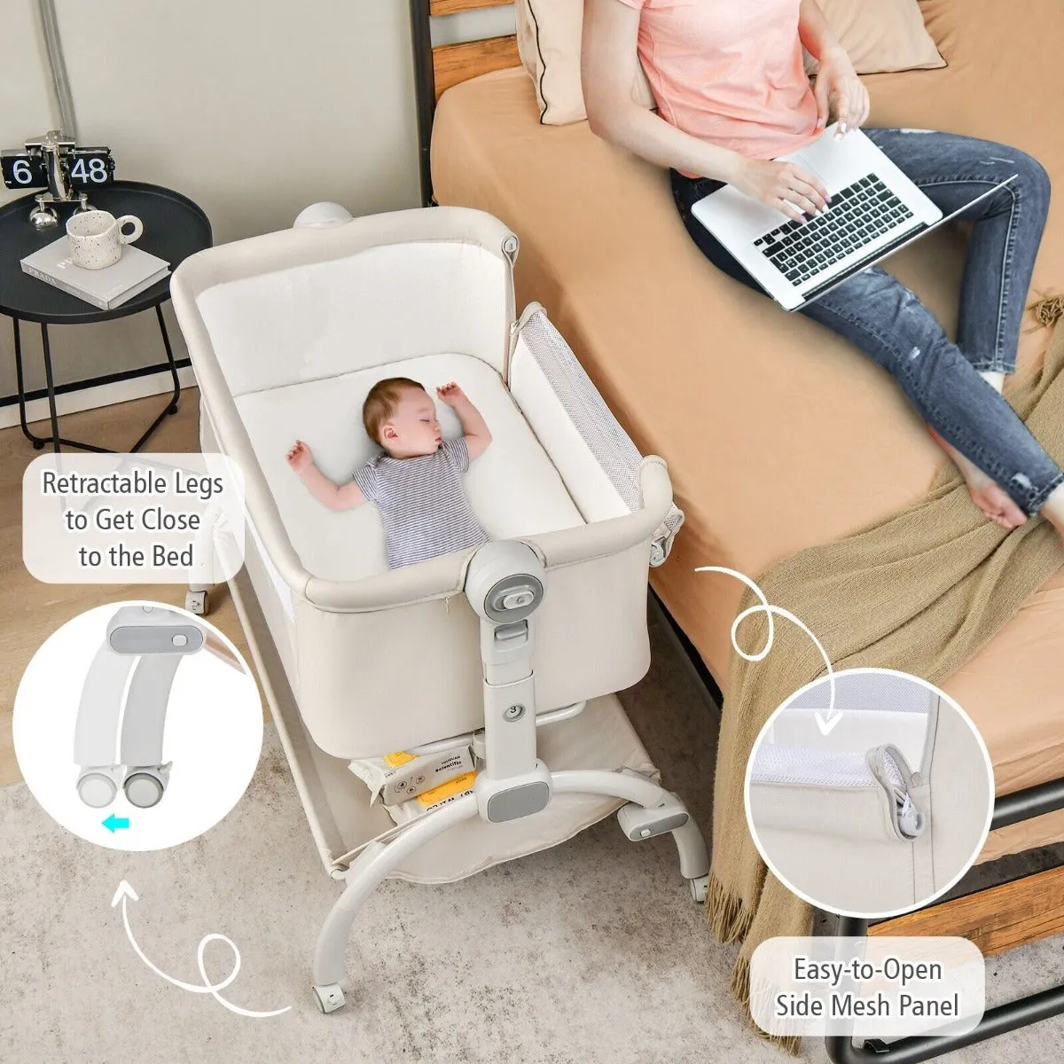 3-in-1 Portable Baby Bedside Crib Sleeper with Wheels-Beige