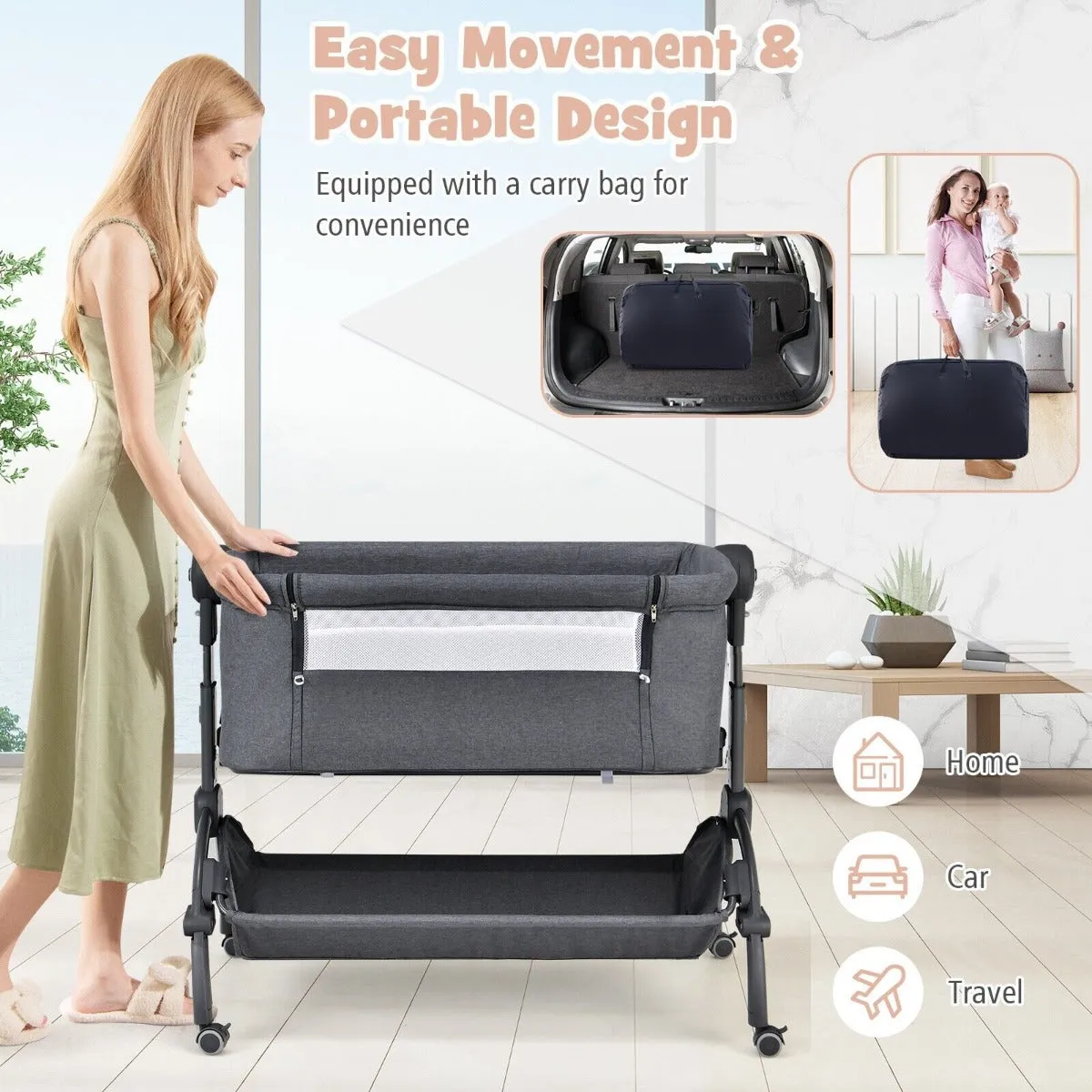 3-in-1 Portable Baby Bedside Crib Sleeper with wheels-Grey