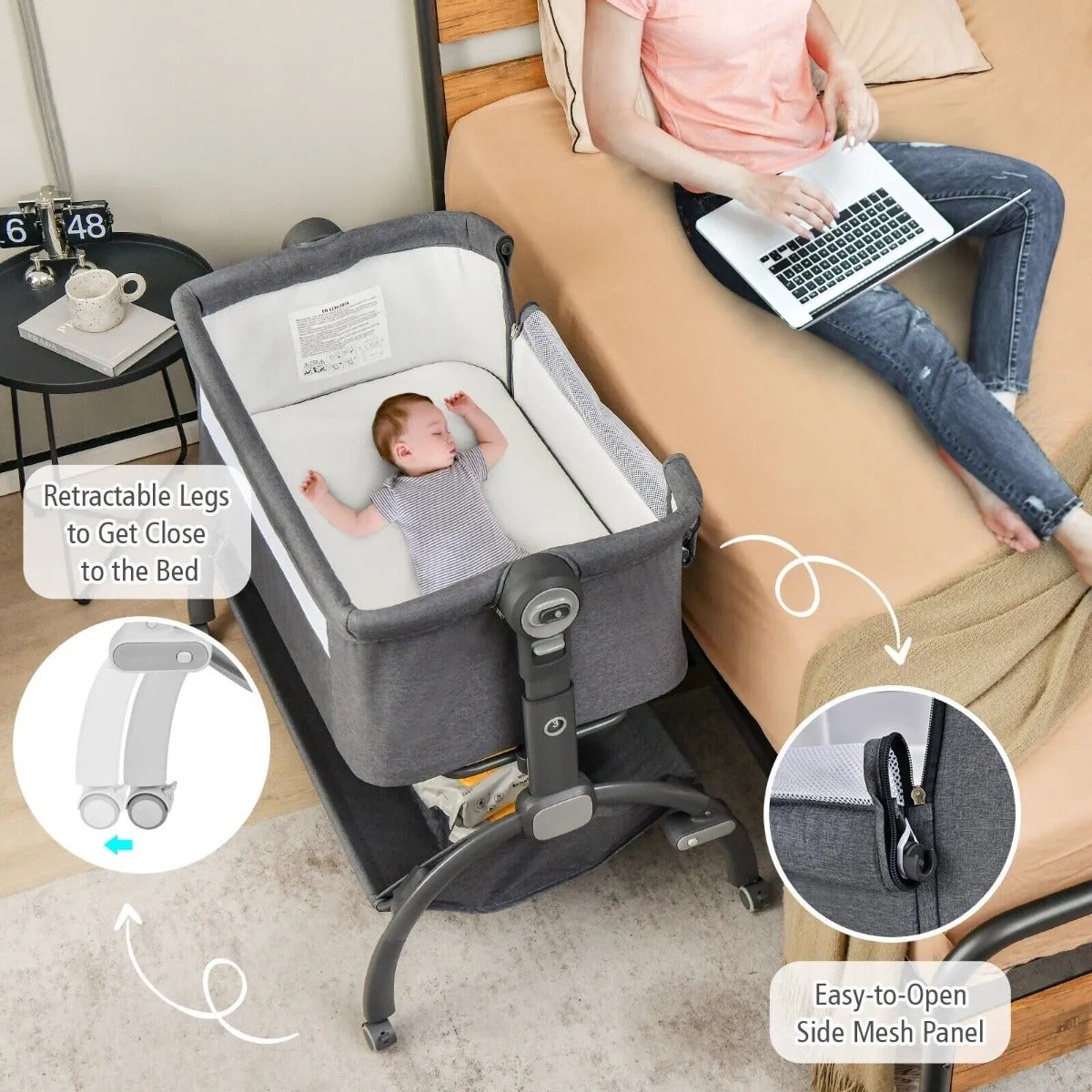 3-in-1 Portable Baby Bedside Crib Sleeper with wheels-Grey