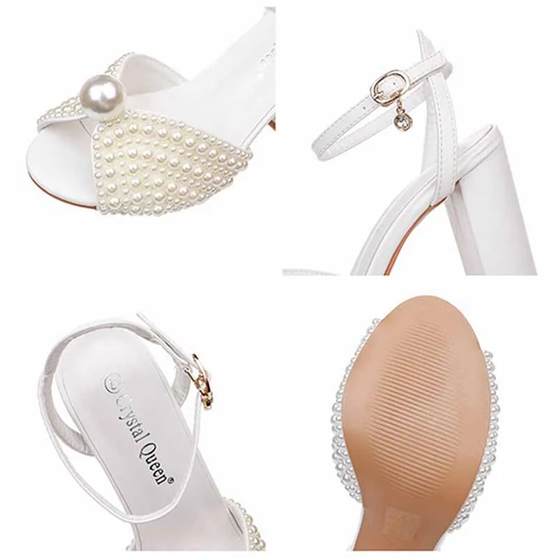 3.74" Pearls Bride Shoes Ankle Strap Chunky Heels Wedding Sandals