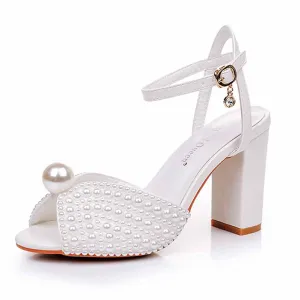 3.74" Pearls Bride Shoes Ankle Strap Chunky Heels Wedding Sandals