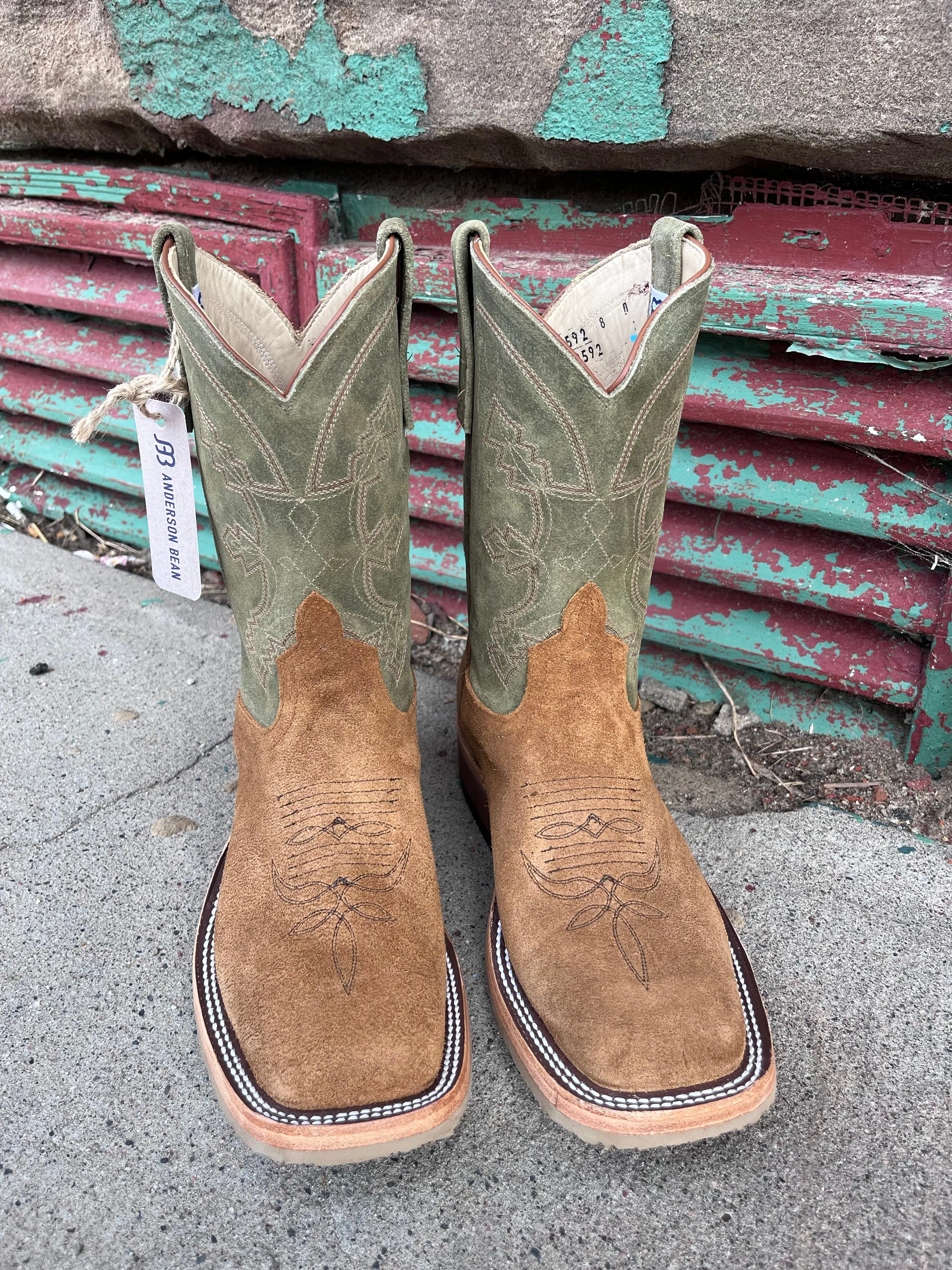 Anderson Bean Men's 10" Tan Indian/Sage Waxy Kudu Square Toe Cowboy Boots 339592