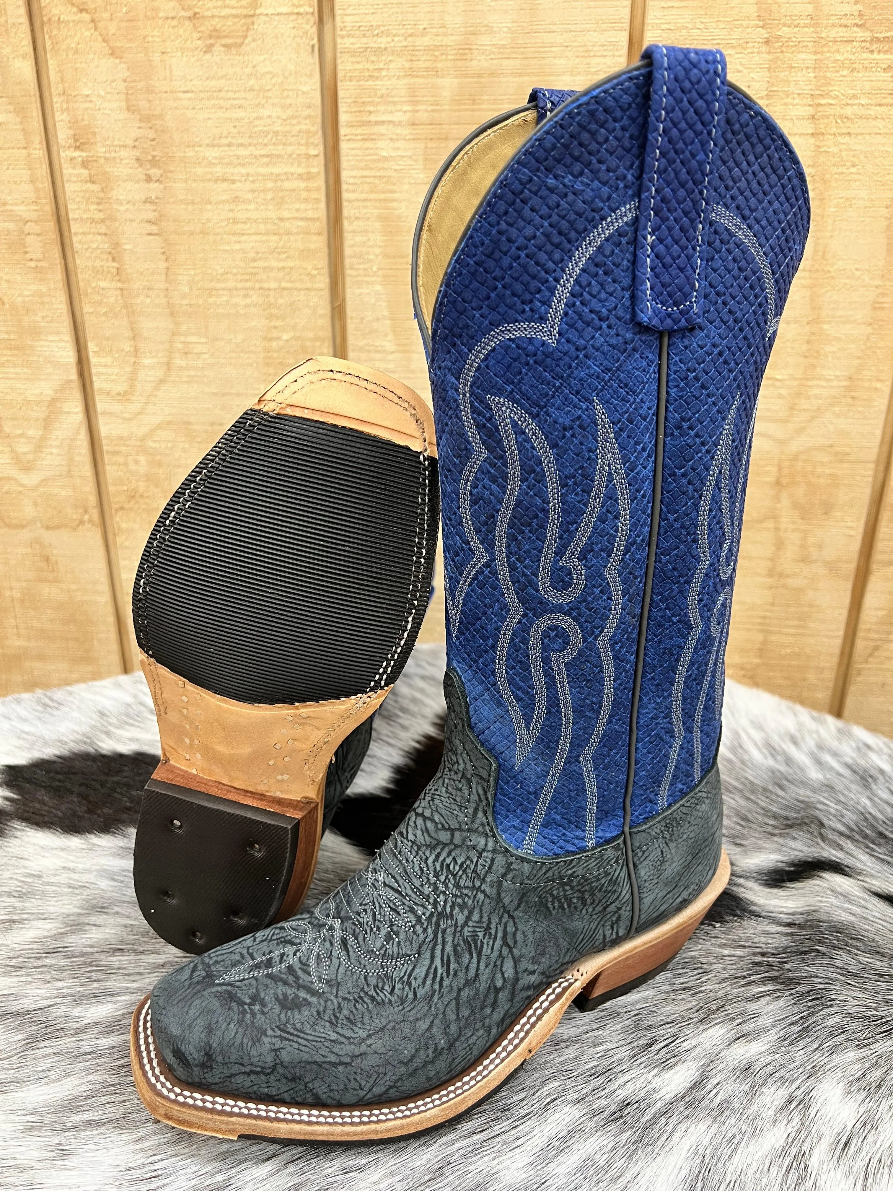 Anderson Bean Men's Black Washed Shoulder/Blue Chex Cutter Toe Cowboy Boots 335677