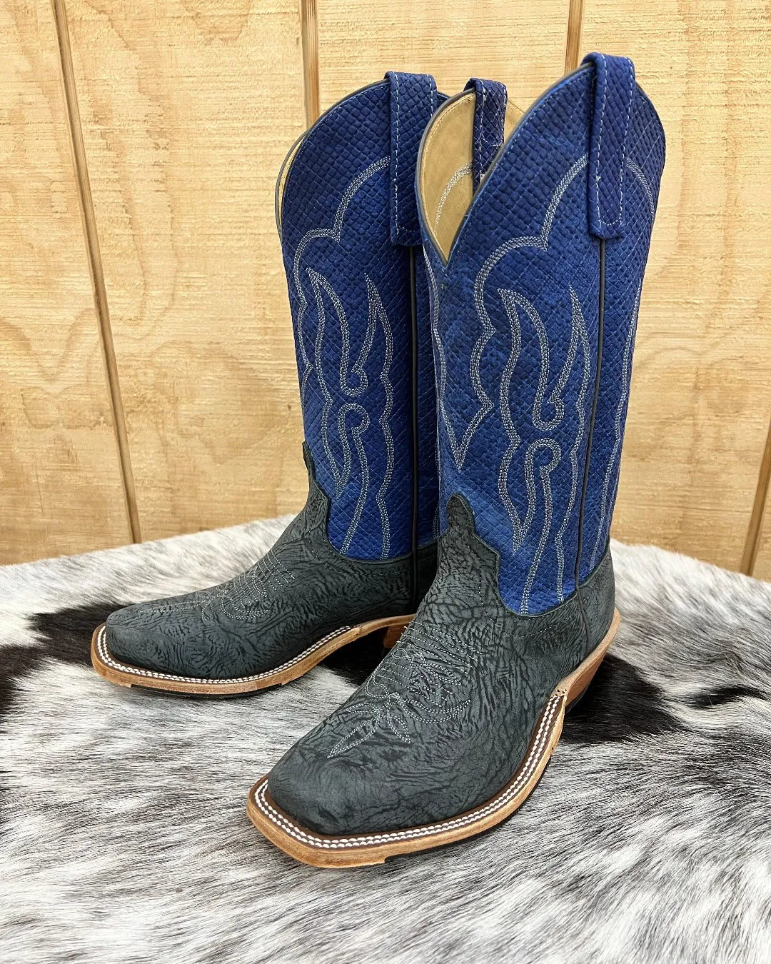 Anderson Bean Men's Black Washed Shoulder/Blue Chex Cutter Toe Cowboy Boots 335677