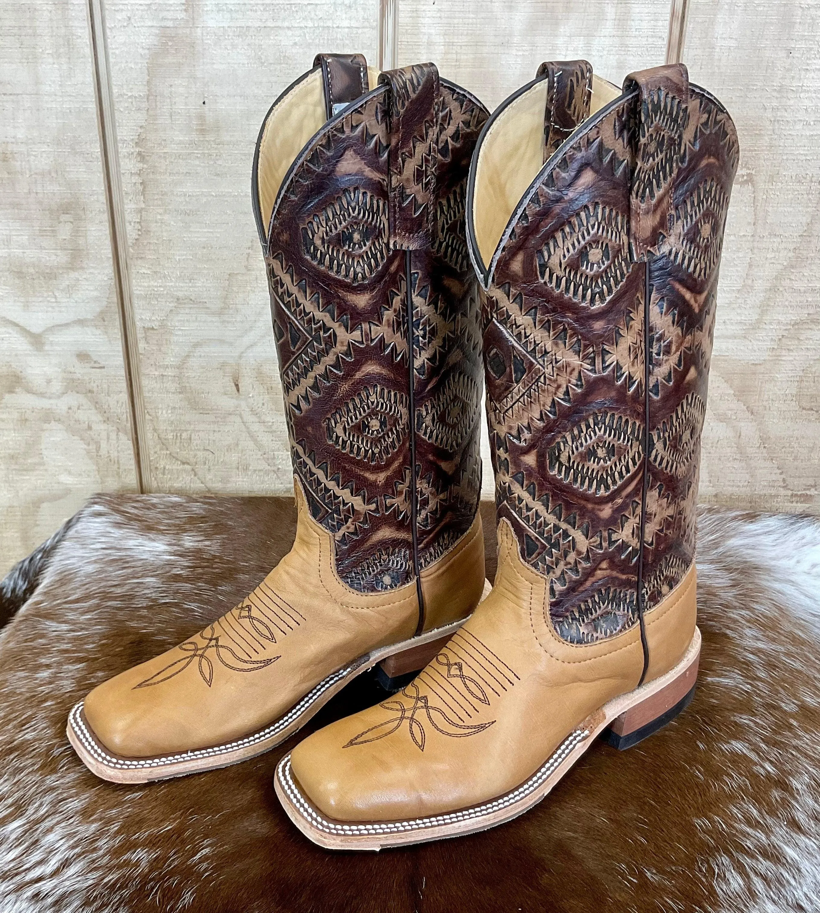 Anderson Bean Women's Belle Noce Tan & Kechi Embossed 13” Square Toe Cowgirl Boots 333573