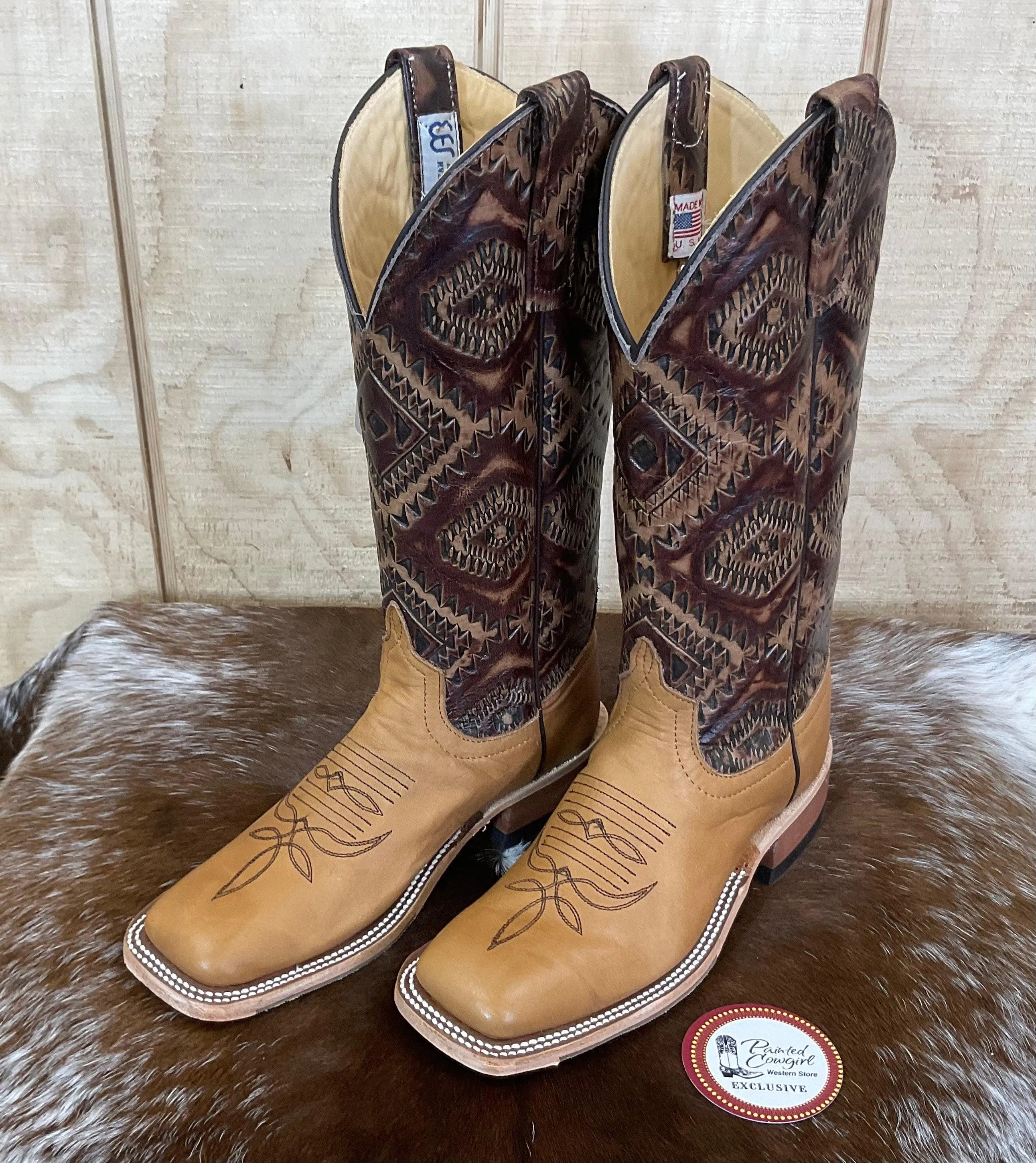 Anderson Bean Women's Belle Noce Tan & Kechi Embossed 13” Square Toe Cowgirl Boots 333573