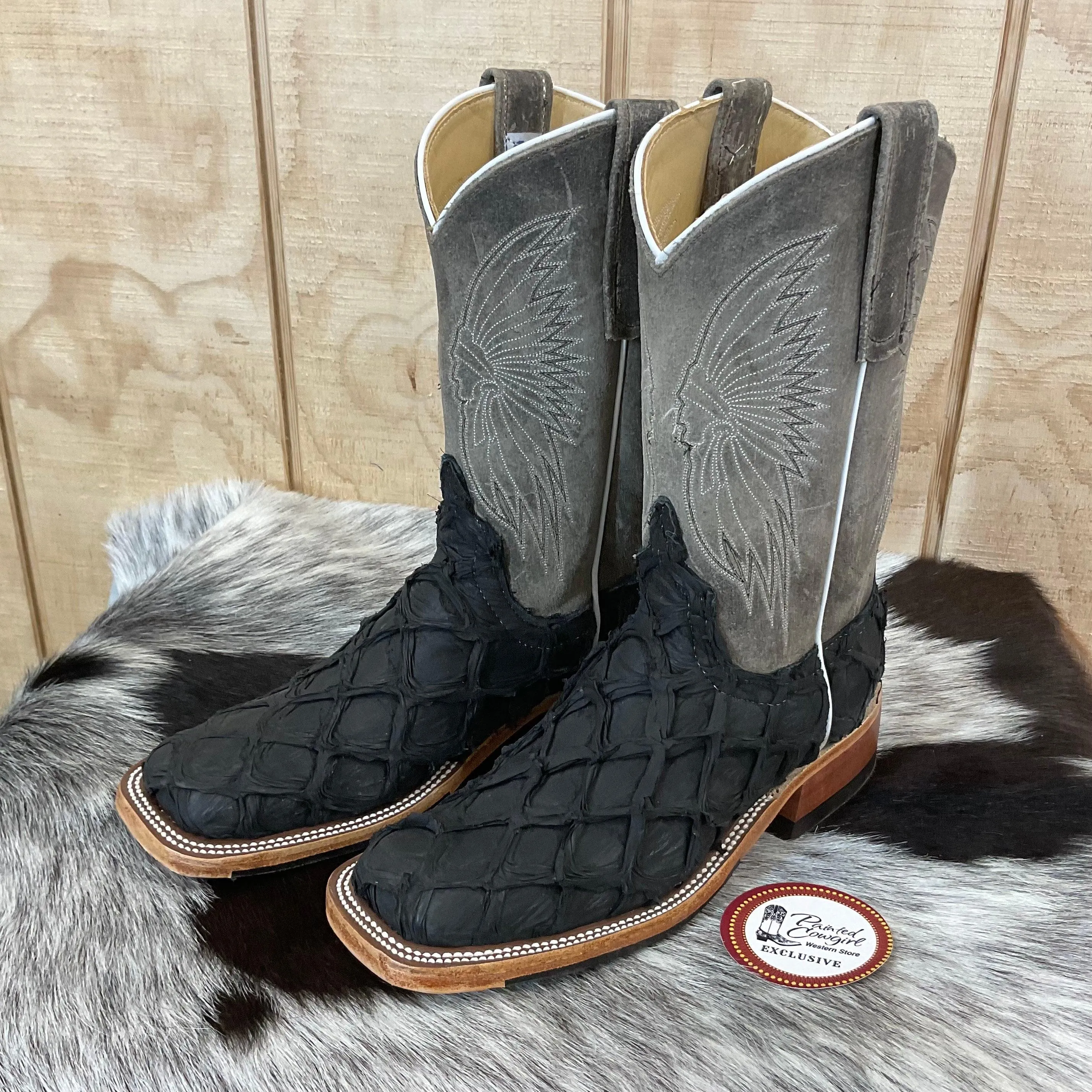 Anderson Bean Women's Black Matte Big Bass Arapaima & Stone Waxy Kudu 10” Square Toe Cowgirl Boots 333579