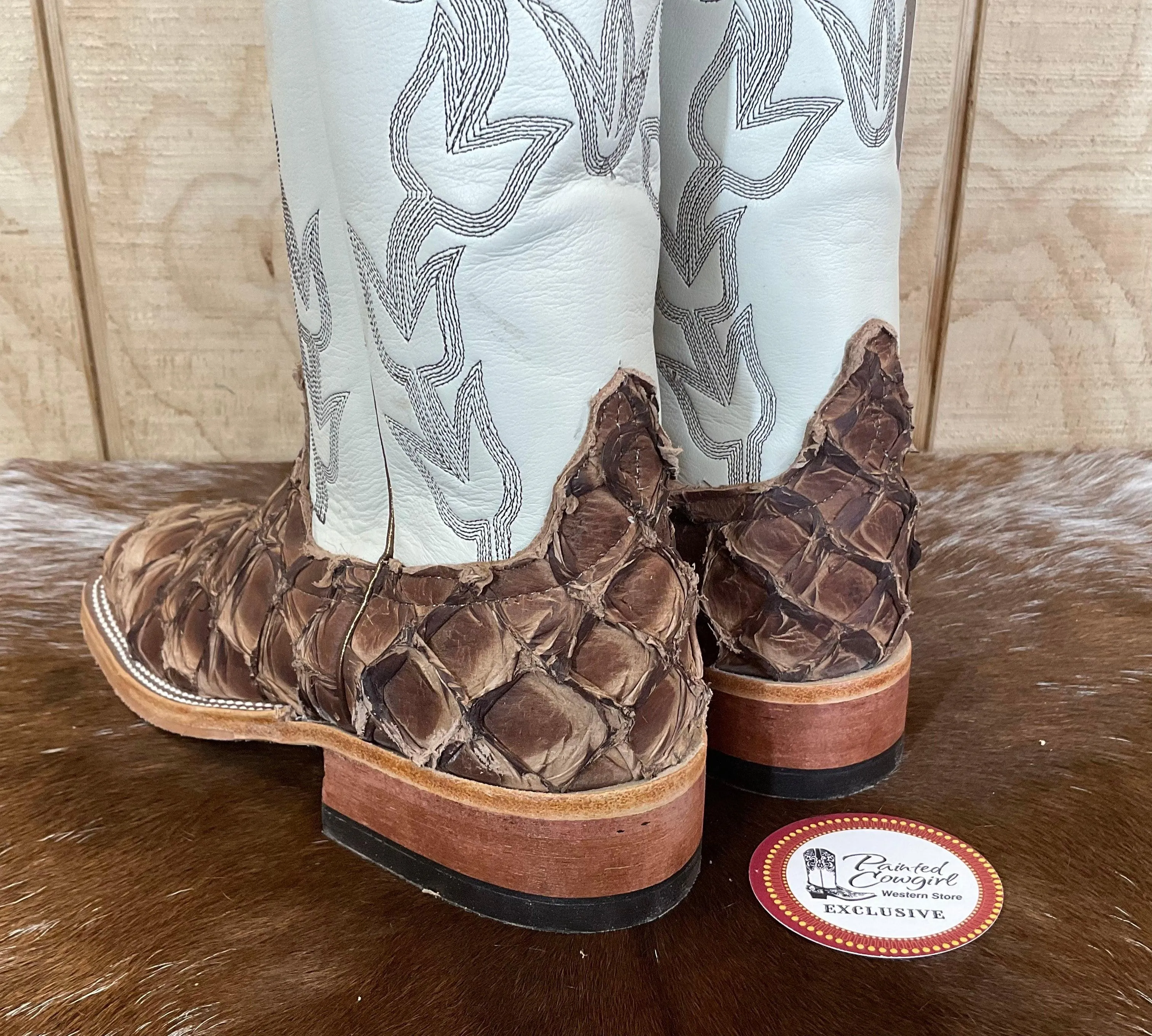 Anderson Bean Women's Brown Big Bass (Arapaima) & Bone Deerskin 13” Cowgirl Boots 333578