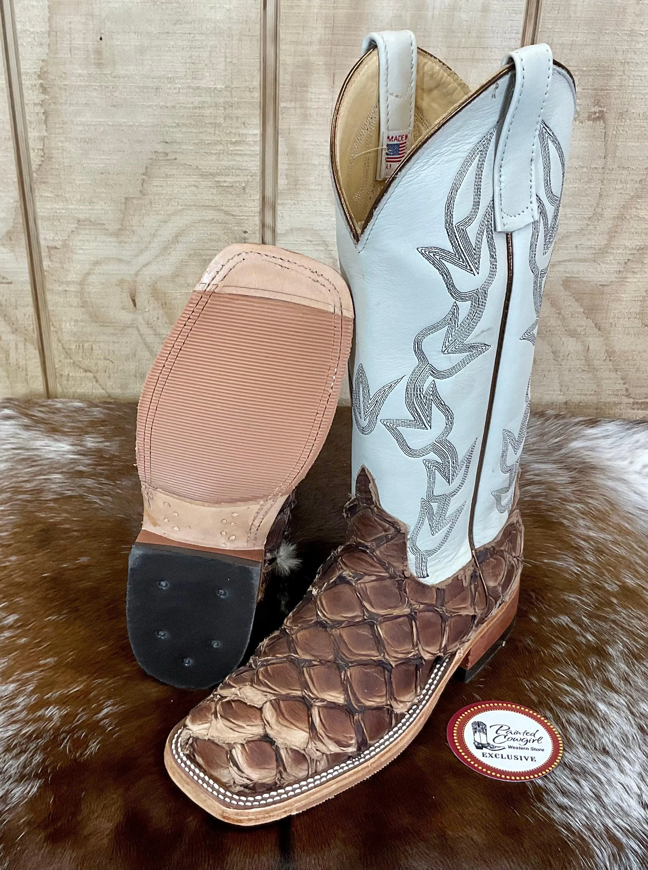 Anderson Bean Women's Brown Big Bass (Arapaima) & Bone Deerskin 13” Cowgirl Boots 333578