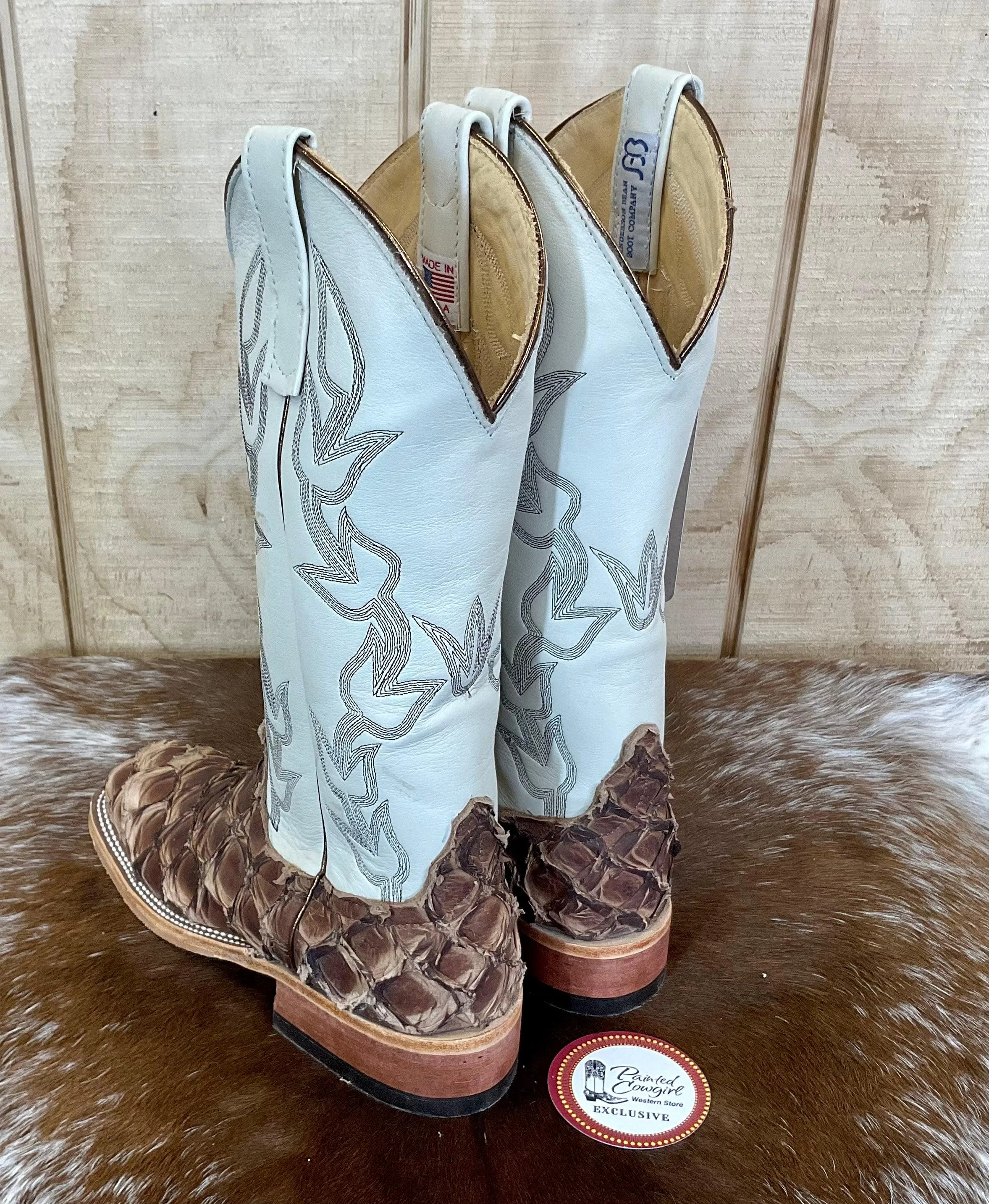 Anderson Bean Women's Brown Big Bass (Arapaima) & Bone Deerskin 13” Cowgirl Boots 333578