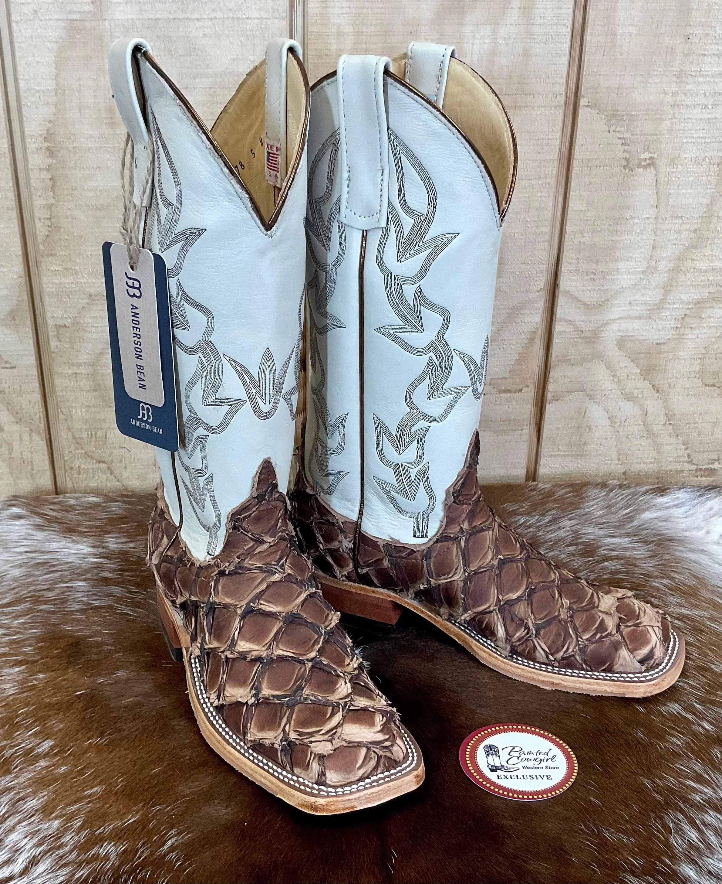 Anderson Bean Women's Brown Big Bass (Arapaima) & Bone Deerskin 13” Cowgirl Boots 333578