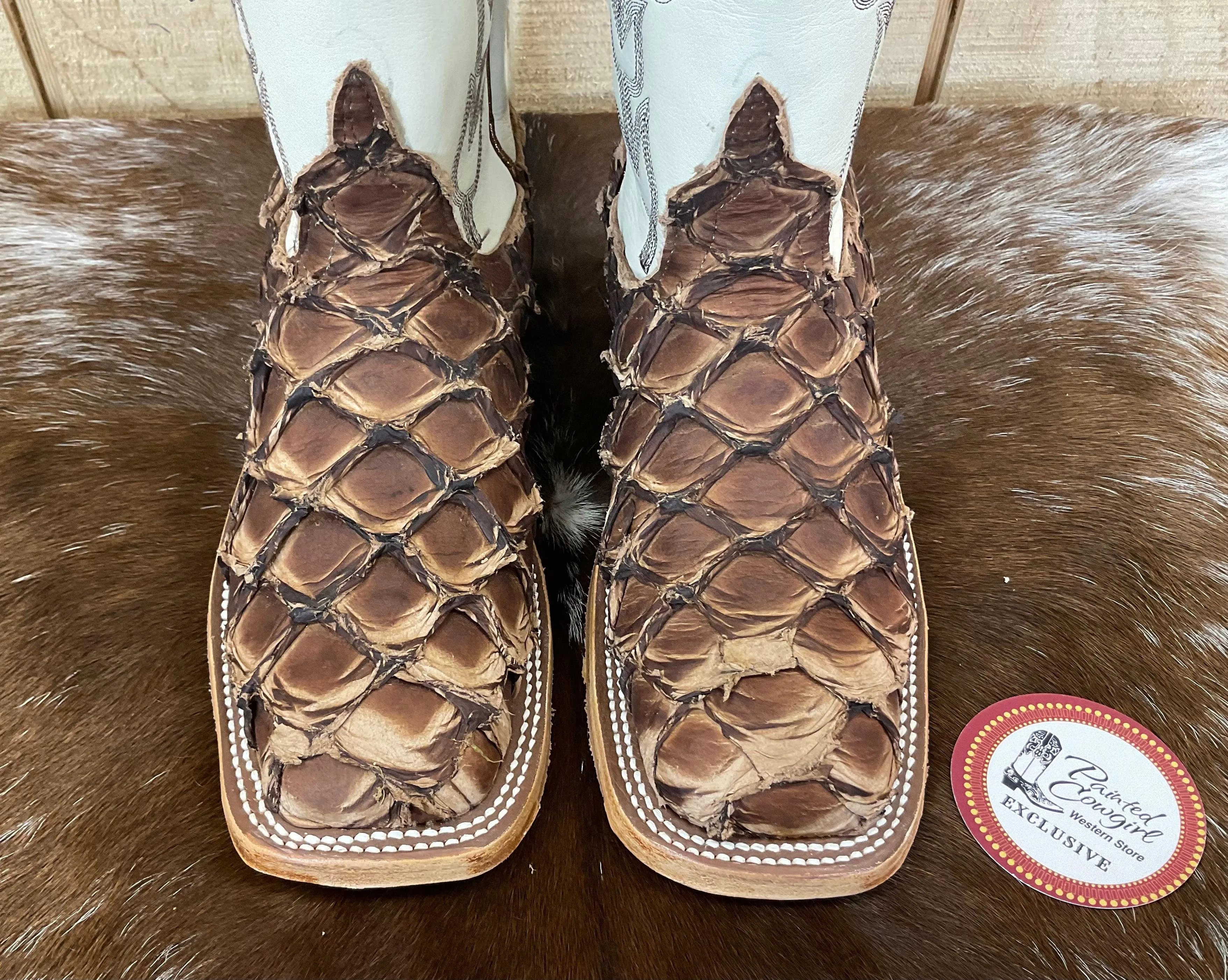 Anderson Bean Women's Brown Big Bass (Arapaima) & Bone Deerskin 13” Cowgirl Boots 333578