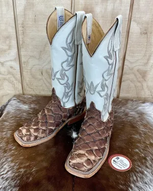 Anderson Bean Women's Brown Big Bass (Arapaima) & Bone Deerskin 13” Cowgirl Boots 333578