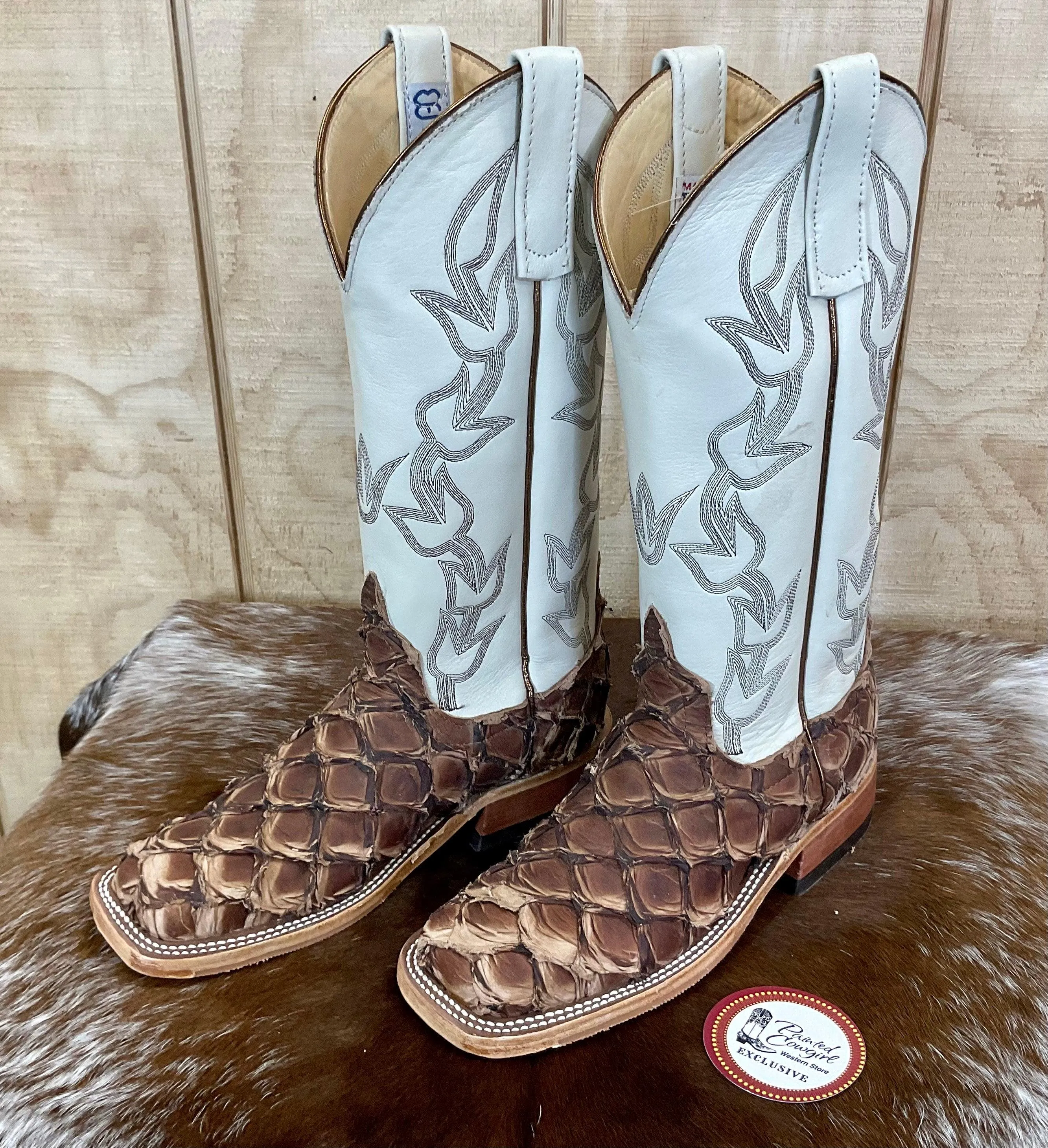 Anderson Bean Women's Brown Big Bass (Arapaima) & Bone Deerskin 13” Cowgirl Boots 333578