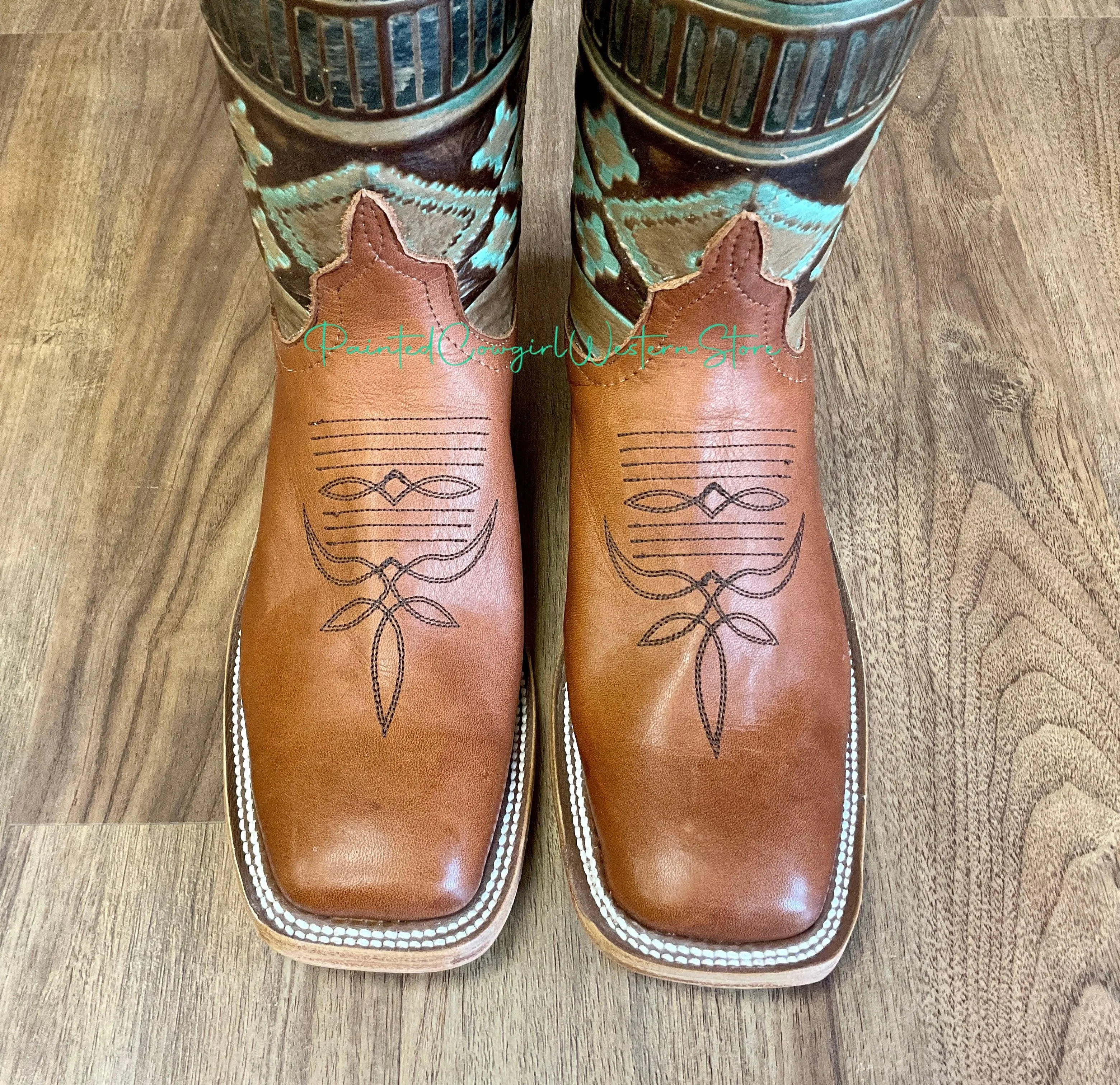 Anderson Bean Women's Navajo Santa Fe Embossed/Cuoio Bella Square Toe Cowgirl Boots 333572