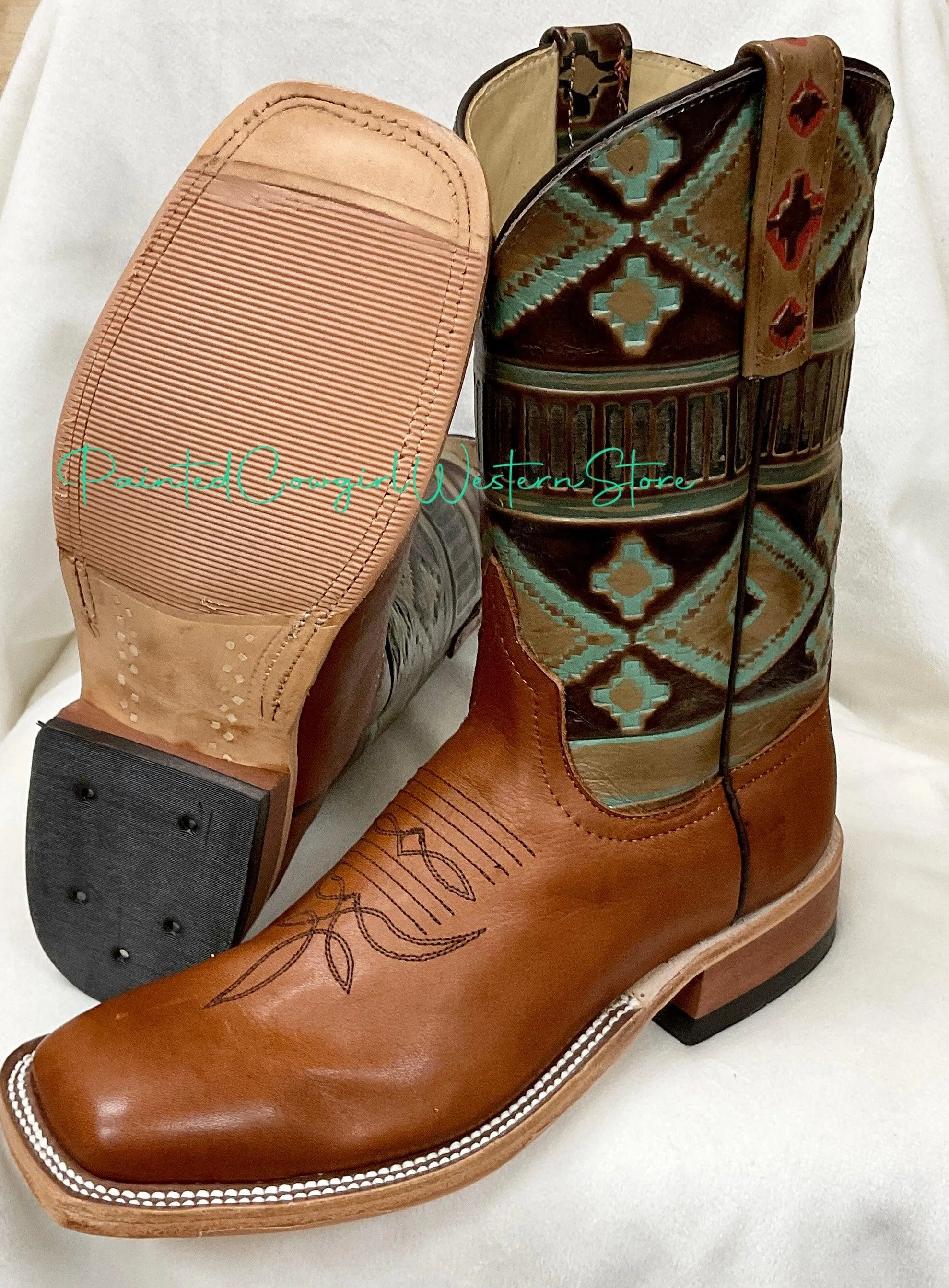 Anderson Bean Women's Navajo Santa Fe Embossed/Cuoio Bella Square Toe Cowgirl Boots 333572