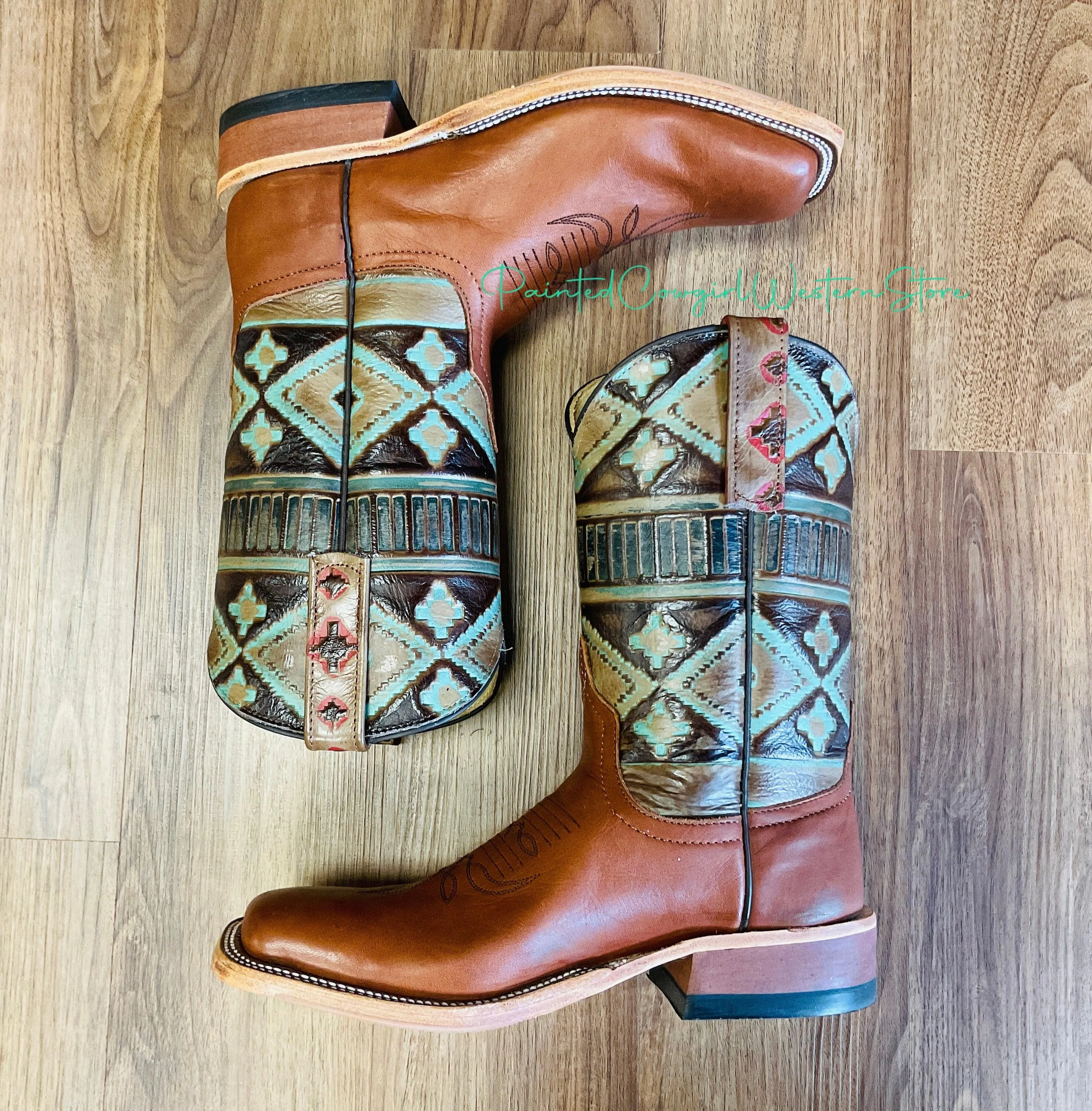 Anderson Bean Women's Navajo Santa Fe Embossed/Cuoio Bella Square Toe Cowgirl Boots 333572