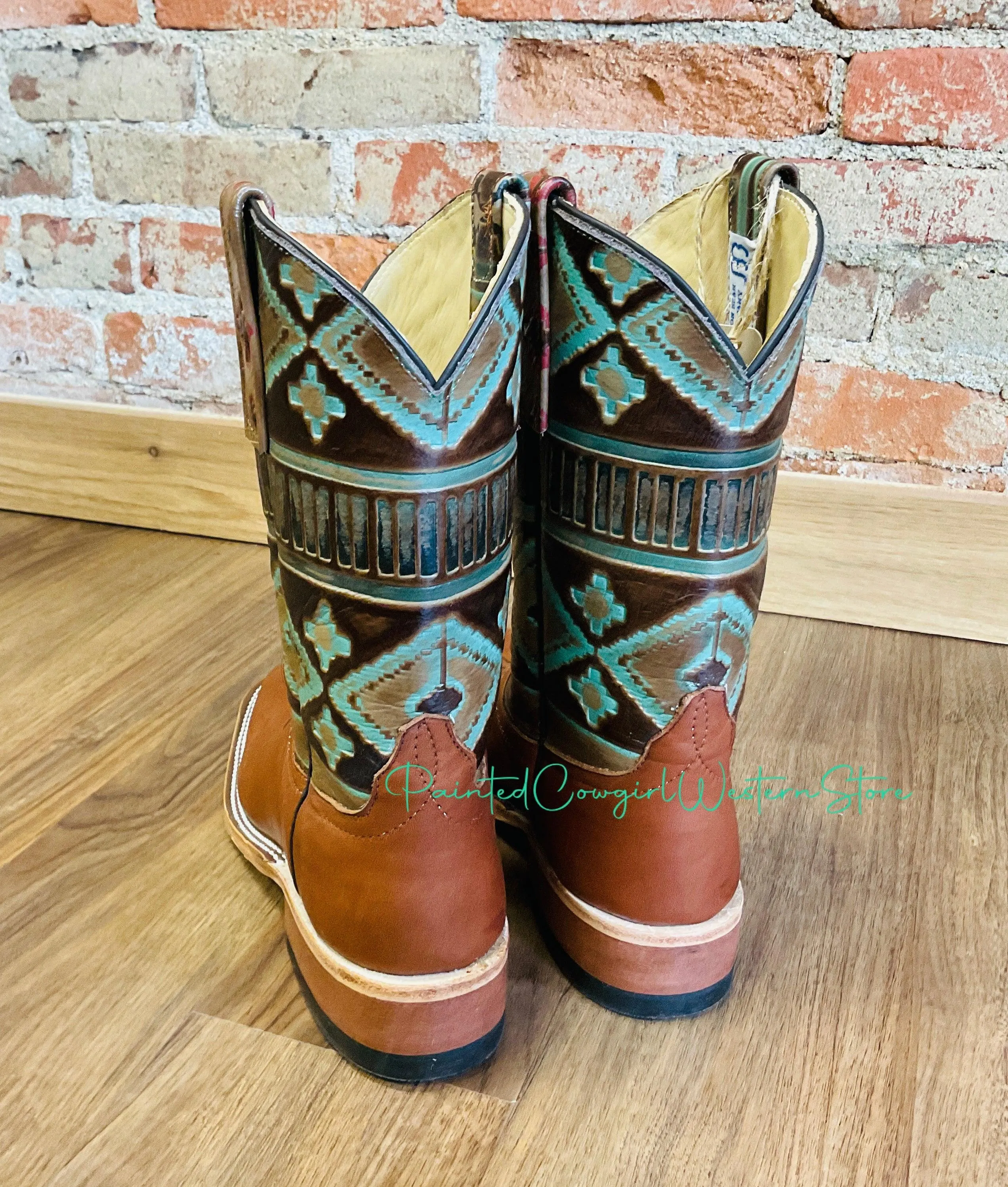 Anderson Bean Women's Navajo Santa Fe Embossed/Cuoio Bella Square Toe Cowgirl Boots 333572