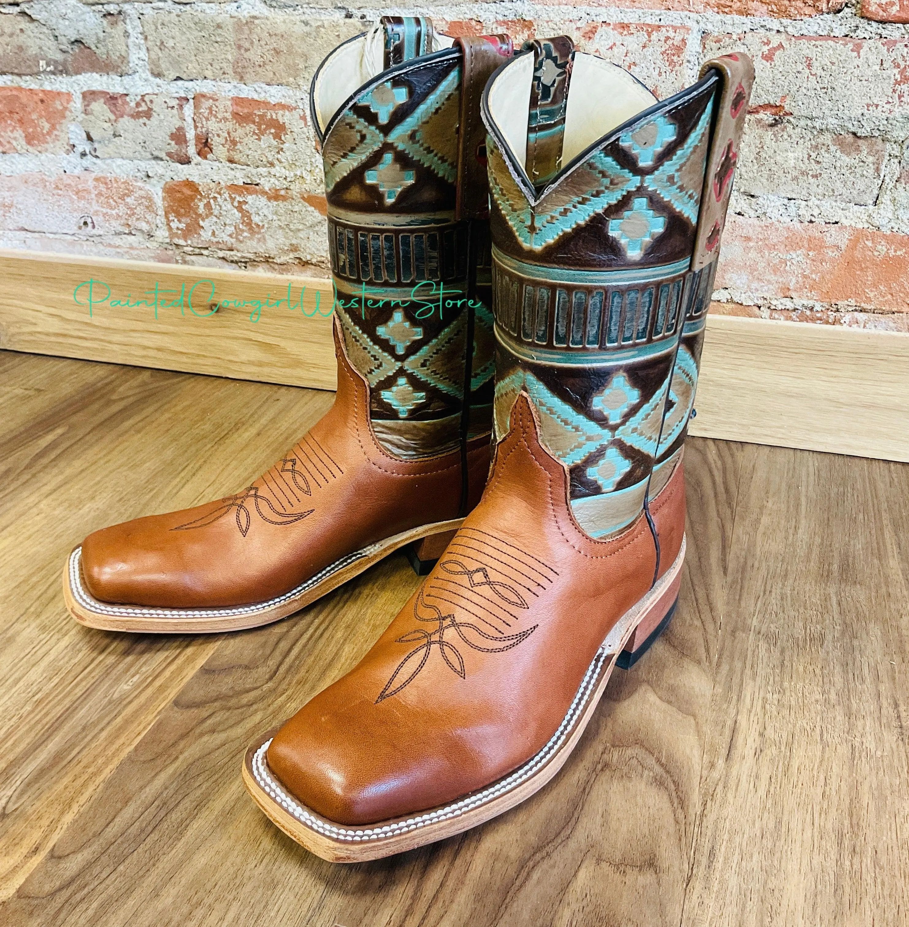 Anderson Bean Women's Navajo Santa Fe Embossed/Cuoio Bella Square Toe Cowgirl Boots 333572