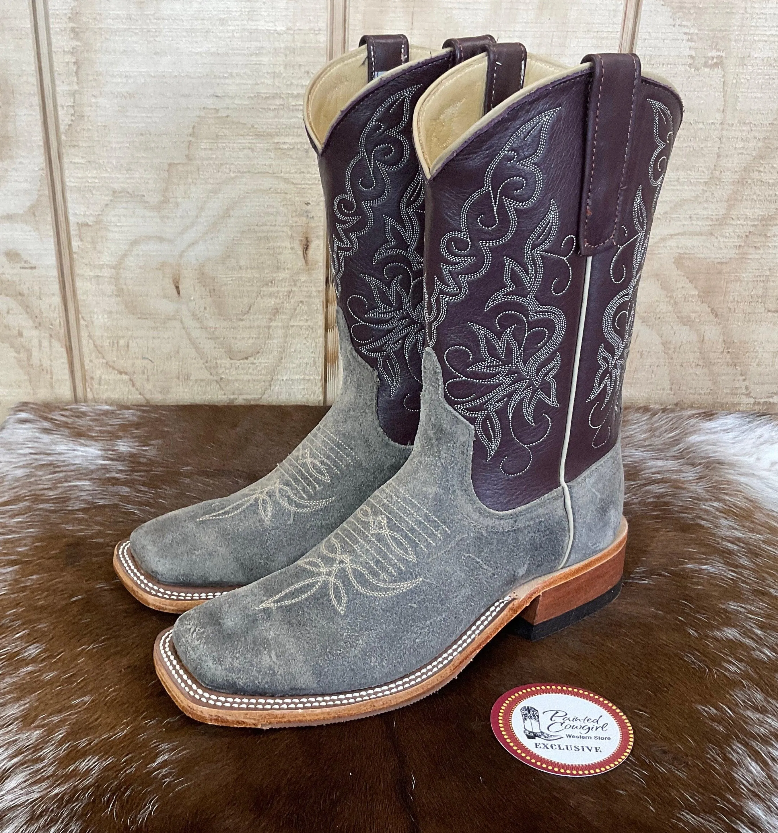 Anderson Bean Women’s Stone Waxy Kudu & Vienna Luscious Deerskin 10” Square Toe Cowgirl Boots 333581