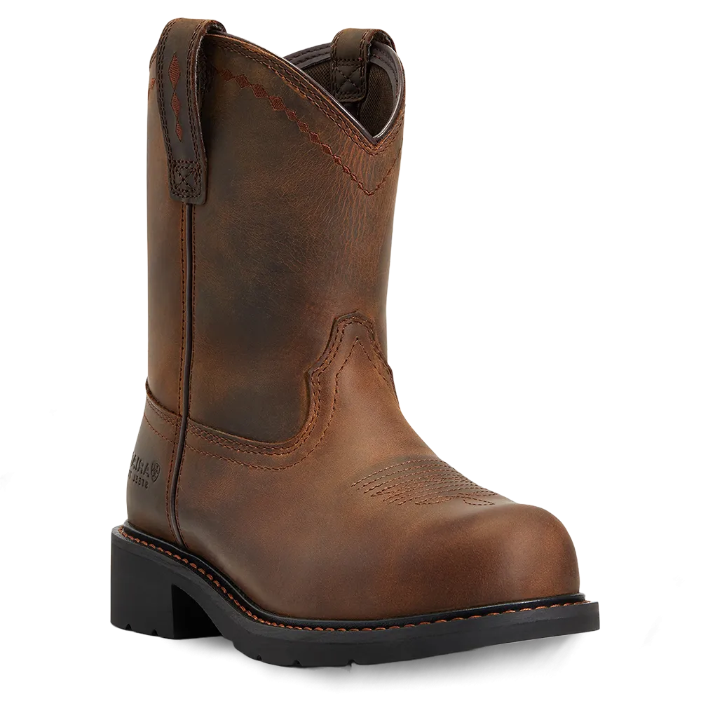 Ariat Ladies Fatbaby Distressed Brown Pull On Steel Toe Work Boots 10040431