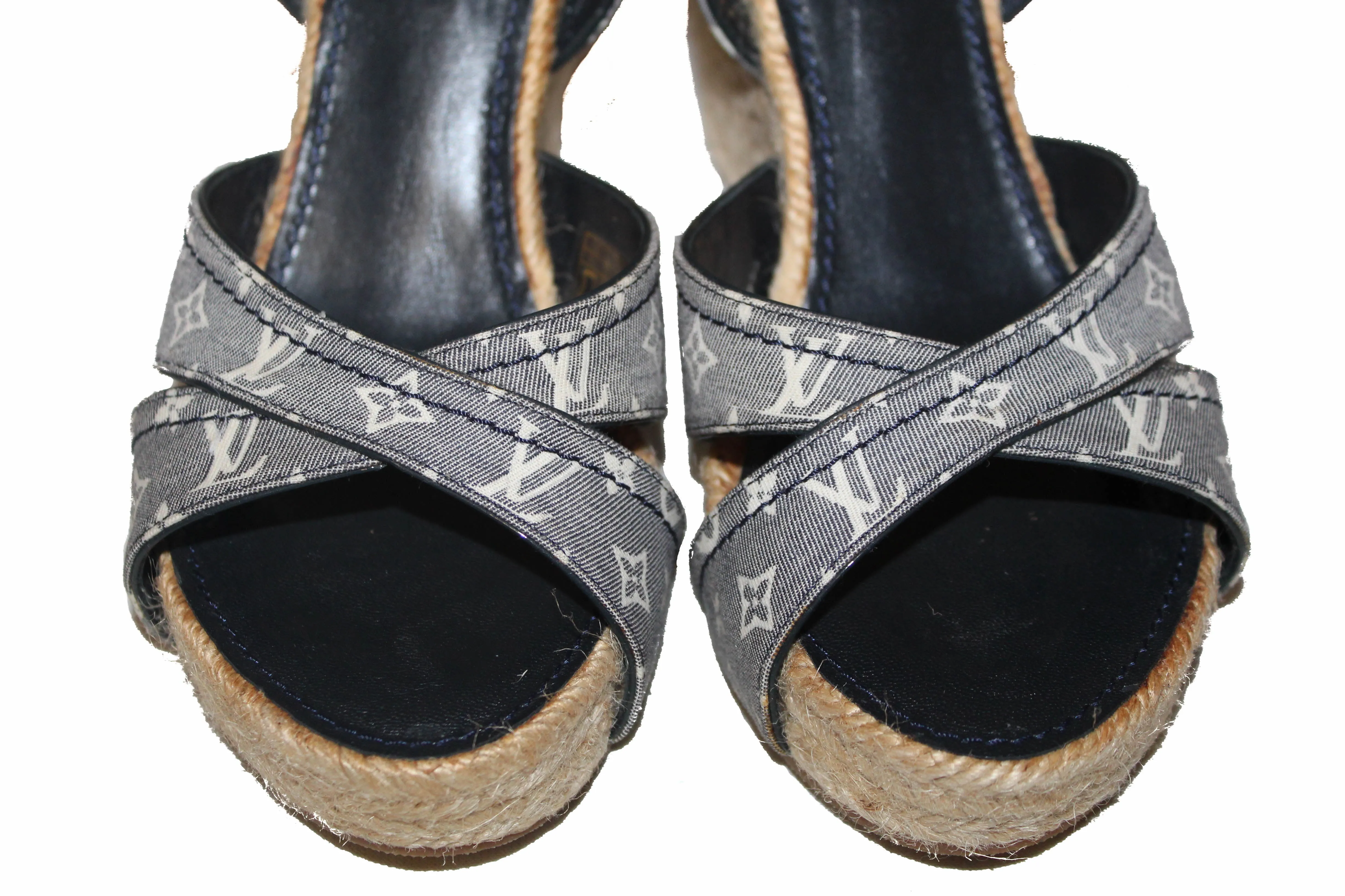 Authentic Louis Vuitton Navy Blue Monogram Mini Lin Espadrille Wedge Sandal 37.5