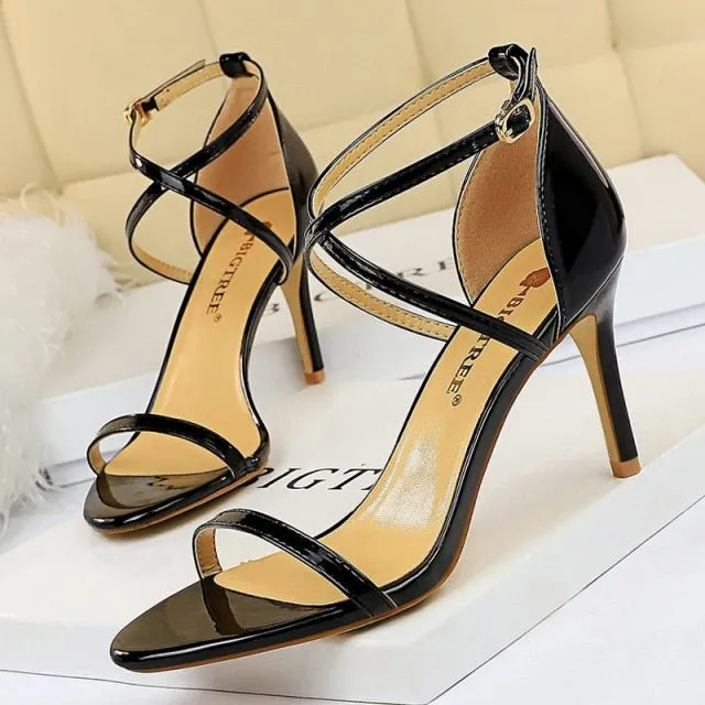 BIGTREE Patent Leather Closed or Peep Toe Ankle Buckle Stiletto Shoes