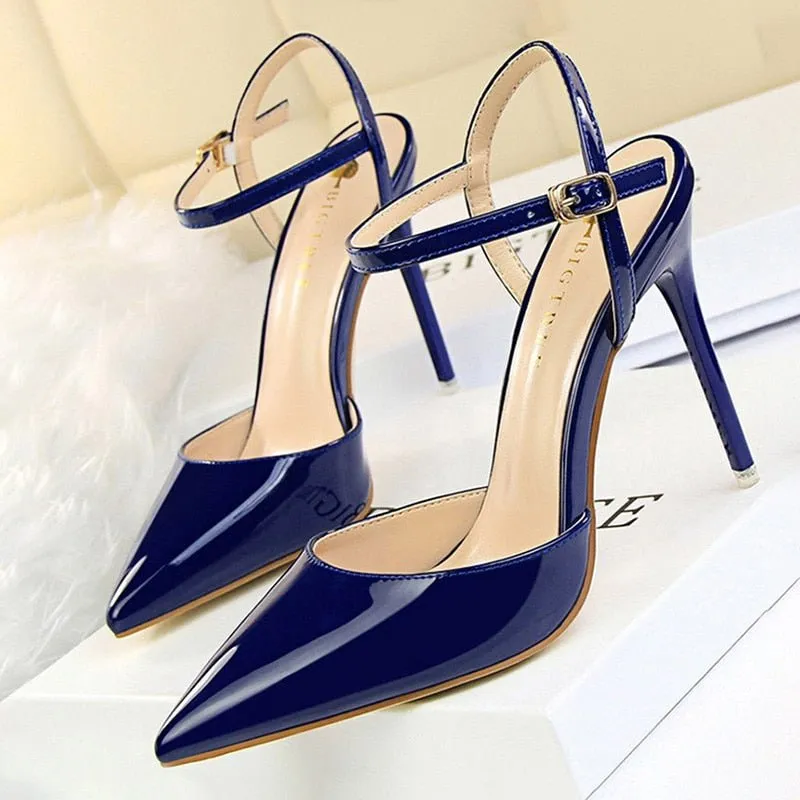 BIGTREE Patent Leather Closed or Peep Toe Ankle Buckle Stiletto Shoes