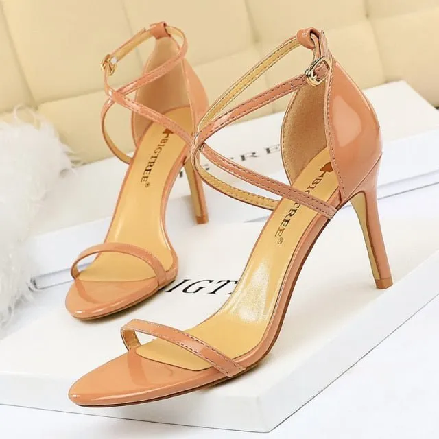 BIGTREE Patent Leather Closed or Peep Toe Ankle Buckle Stiletto Shoes