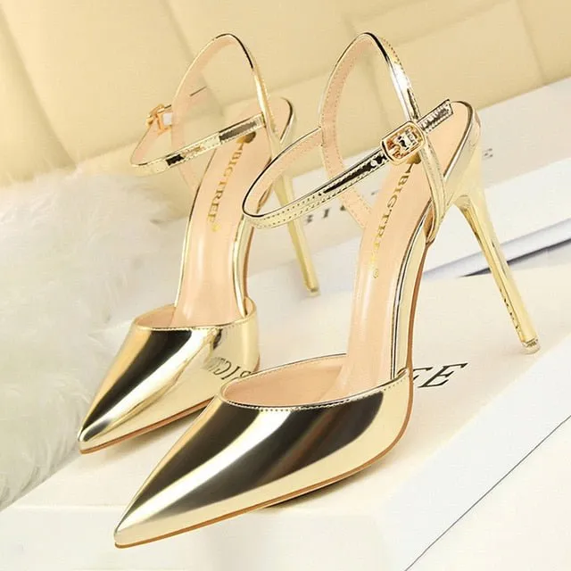 BIGTREE Patent Leather Closed or Peep Toe Ankle Buckle Stiletto Shoes