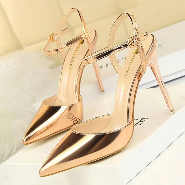 BIGTREE Patent Leather Closed or Peep Toe Ankle Buckle Stiletto Shoes