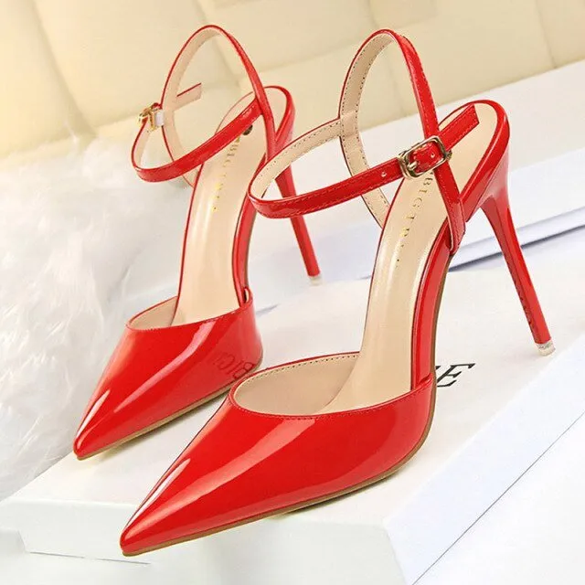 BIGTREE Patent Leather Closed or Peep Toe Ankle Buckle Stiletto Shoes