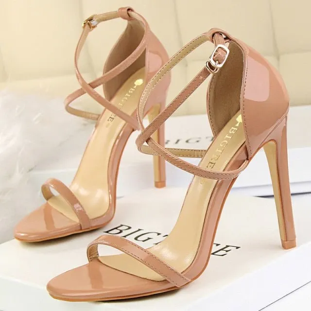 BIGTREE Patent Leather Closed or Peep Toe Ankle Buckle Stiletto Shoes