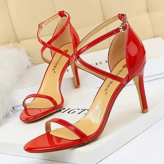 BIGTREE Patent Leather Closed or Peep Toe Ankle Buckle Stiletto Shoes