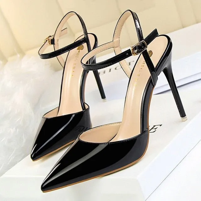 BIGTREE Patent Leather Closed or Peep Toe Ankle Buckle Stiletto Shoes