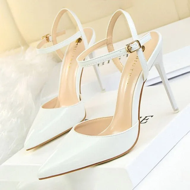 BIGTREE Patent Leather Closed or Peep Toe Ankle Buckle Stiletto Shoes