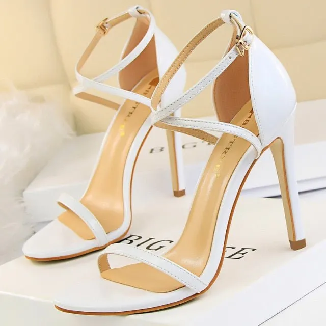 BIGTREE Patent Leather Closed or Peep Toe Ankle Buckle Stiletto Shoes