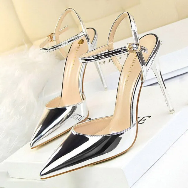 BIGTREE Patent Leather Closed or Peep Toe Ankle Buckle Stiletto Shoes