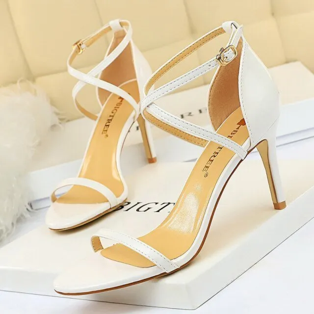 BIGTREE Patent Leather Closed or Peep Toe Ankle Buckle Stiletto Shoes