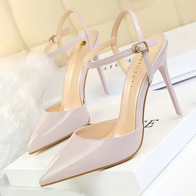 BIGTREE Patent Leather Closed or Peep Toe Ankle Buckle Stiletto Shoes