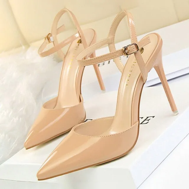 BIGTREE Patent Leather Closed or Peep Toe Ankle Buckle Stiletto Shoes