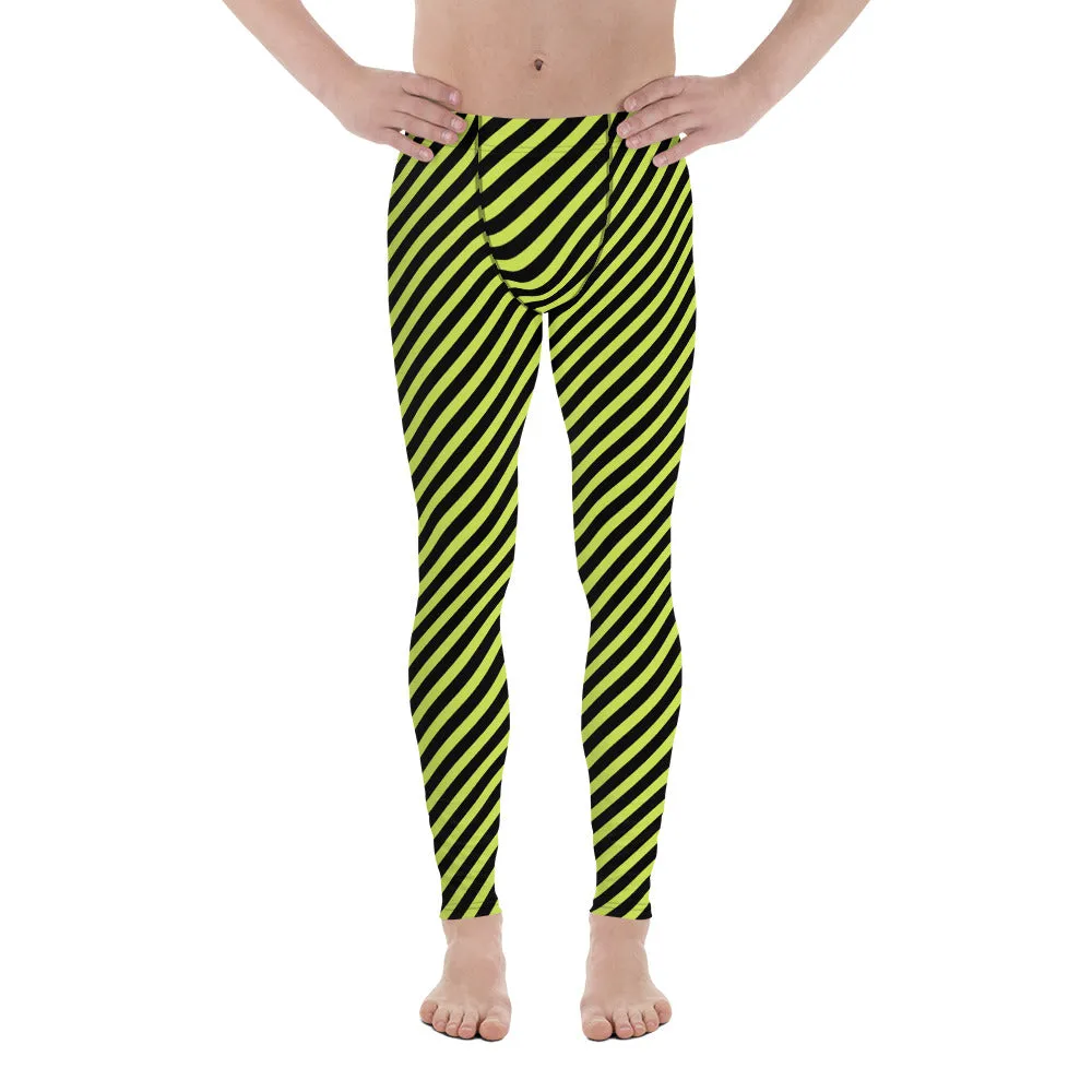 Black Green Diagonally Striped Meggings, Designer Running Compression Tights For Men - Made in USA/EU/MX