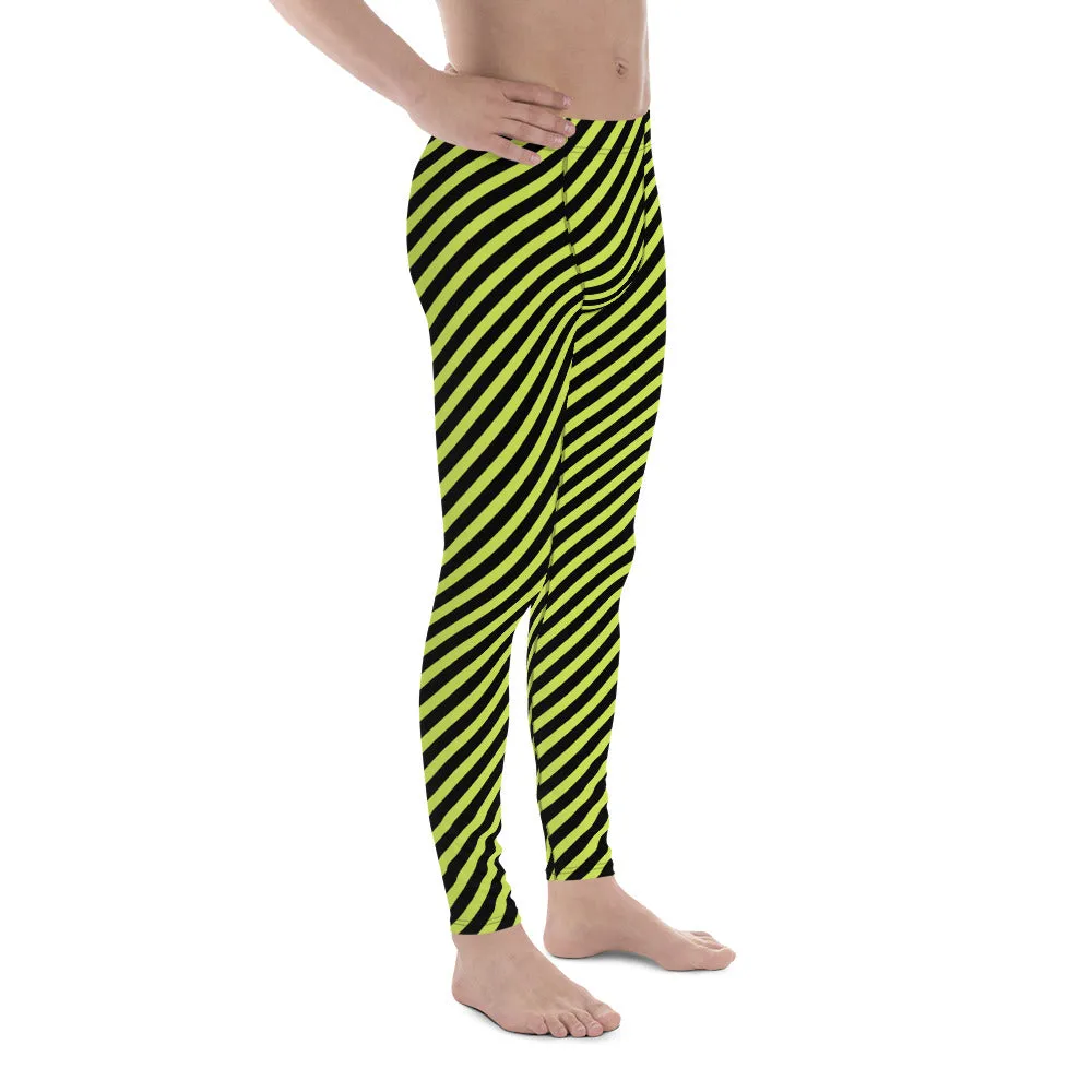 Black Green Diagonally Striped Meggings, Designer Running Compression Tights For Men - Made in USA/EU/MX