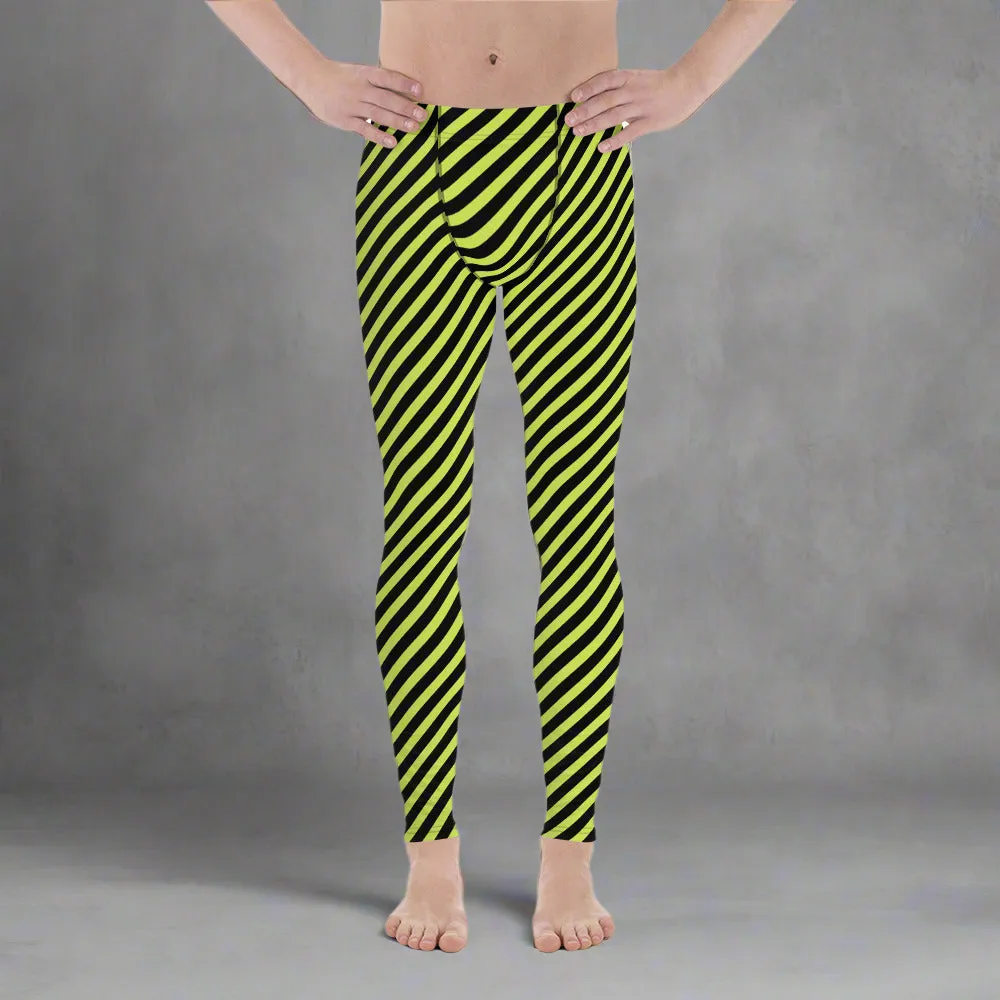 Black Green Diagonally Striped Meggings, Designer Running Compression Tights For Men - Made in USA/EU/MX