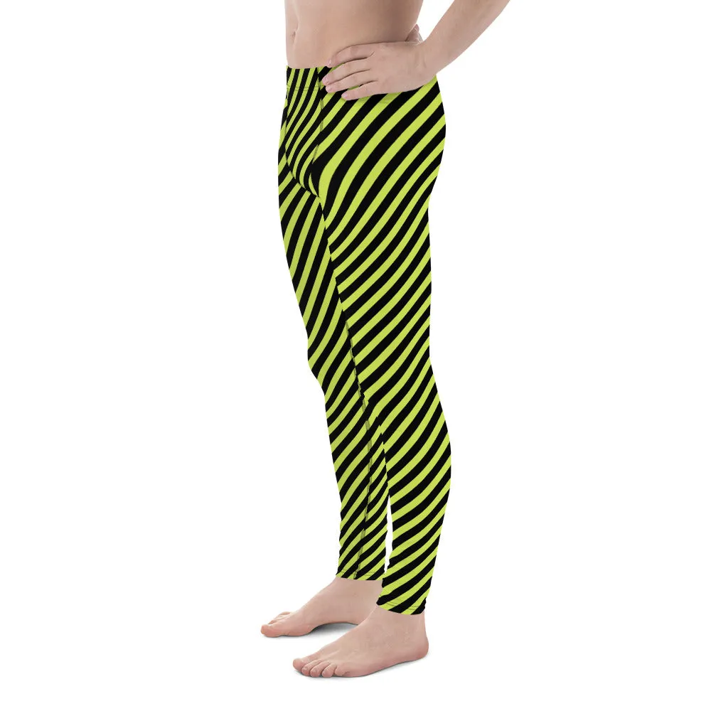 Black Green Diagonally Striped Meggings, Designer Running Compression Tights For Men - Made in USA/EU/MX